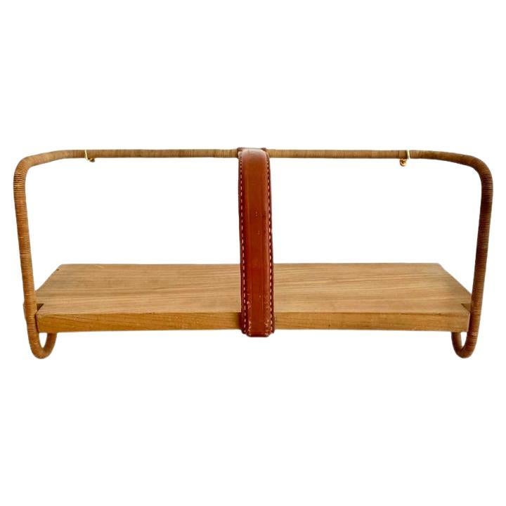 Jacques Adnet Leather, Wood and Twine Shelf, 1950s France For Sale