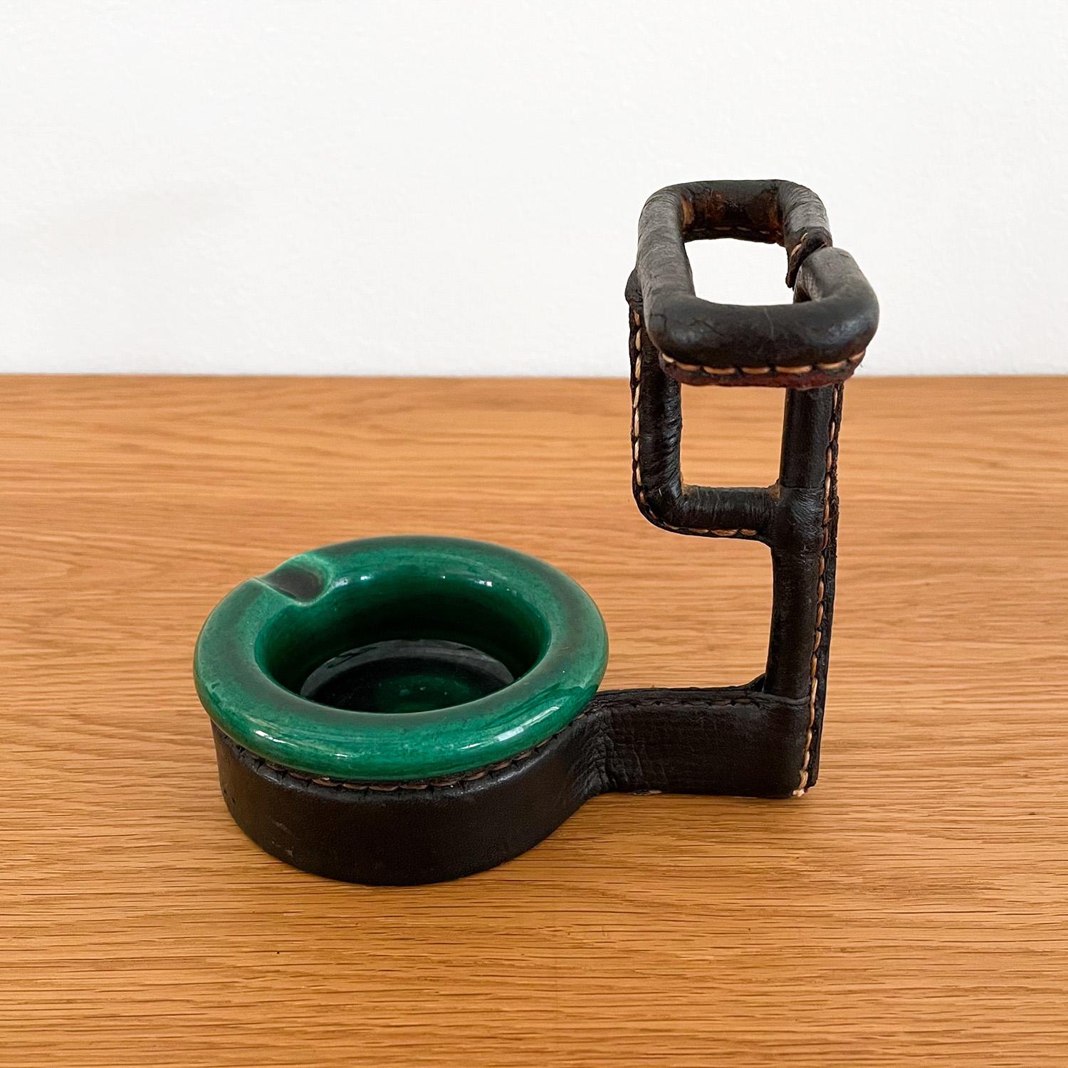 French Jacques Adnet Leather Wrapped Ceramic Ashtray & Cigarette Holder