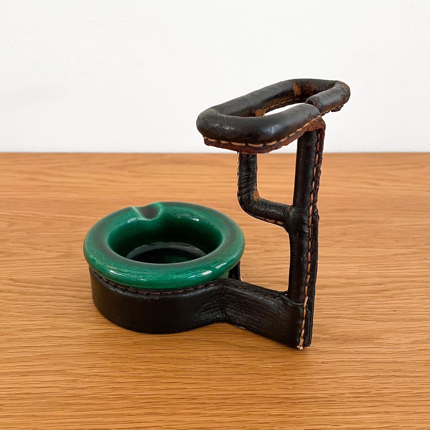Jacques Adnet Leather Wrapped Ceramic Ashtray & Cigarette Holder In Good Condition In Los Angeles, CA