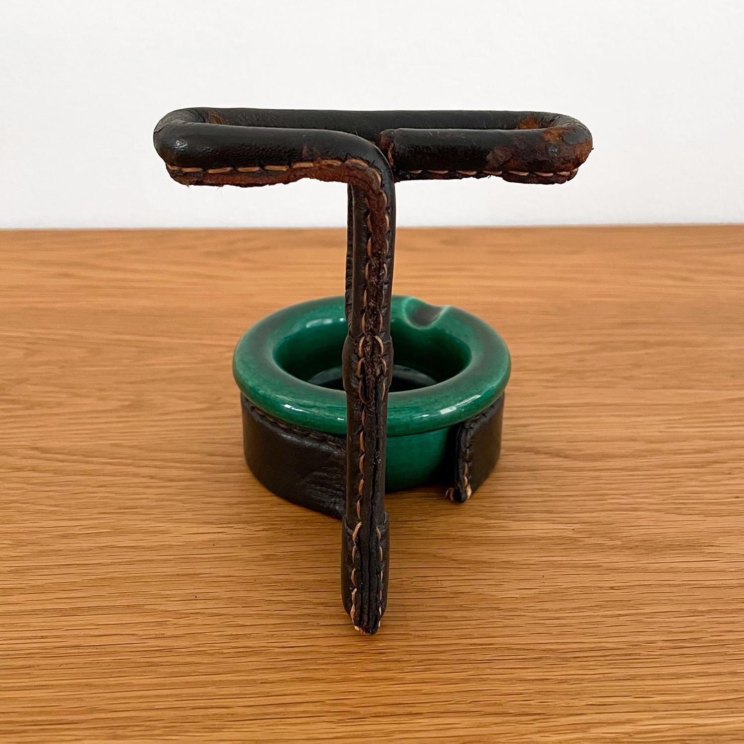 Mid-20th Century Jacques Adnet Leather Wrapped Ceramic Ashtray & Cigarette Holder