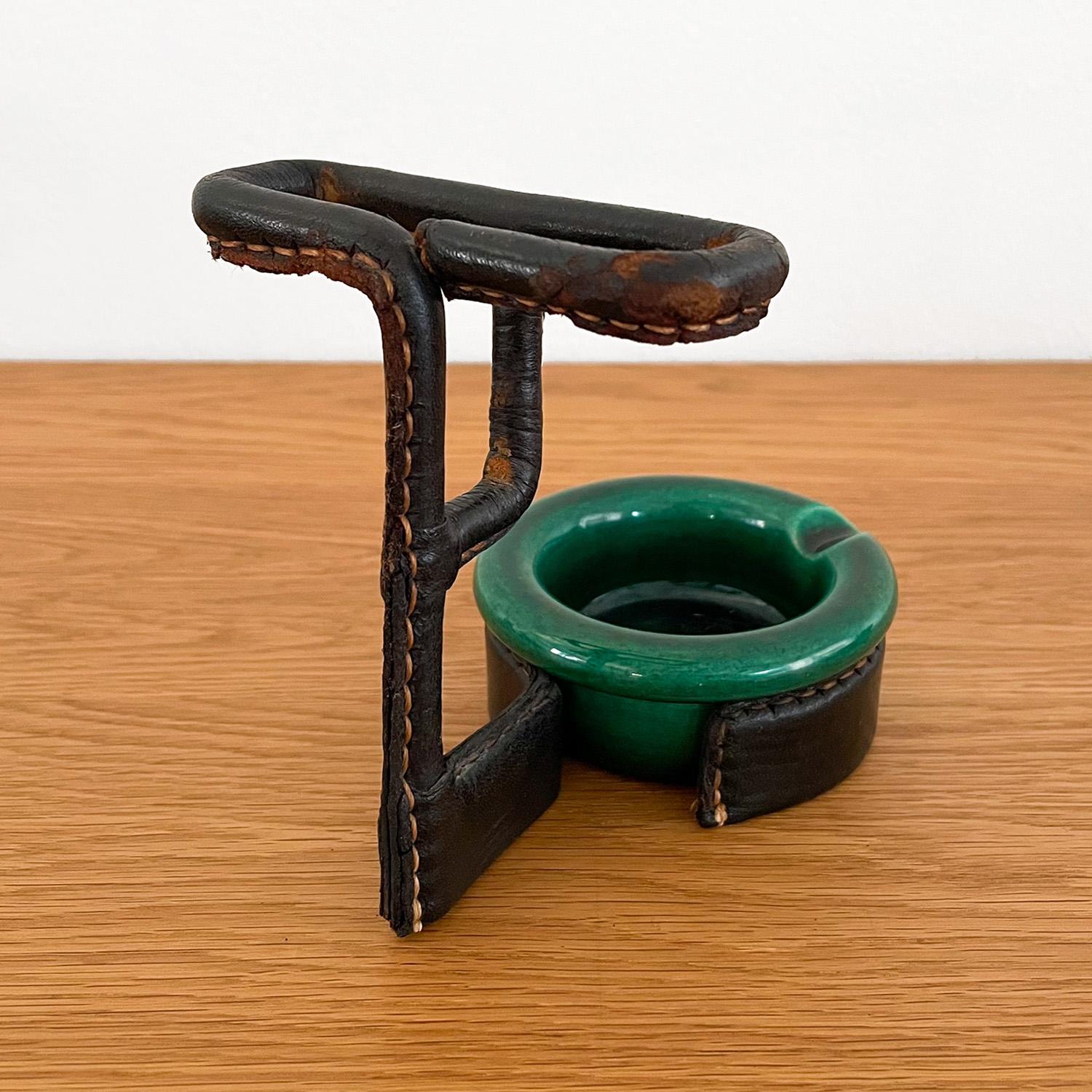 Jacques Adnet Leather Wrapped Ceramic Ashtray & Cigarette Holder 1