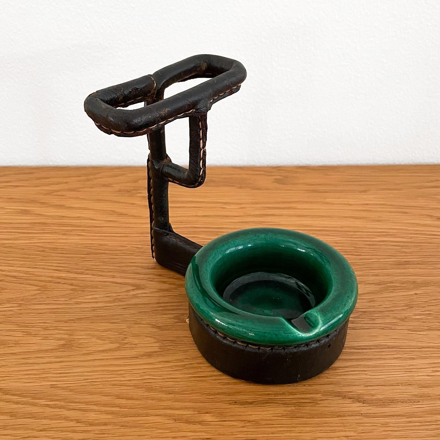 Jacques Adnet Leather Wrapped Ceramic Ashtray & Cigarette Holder 2