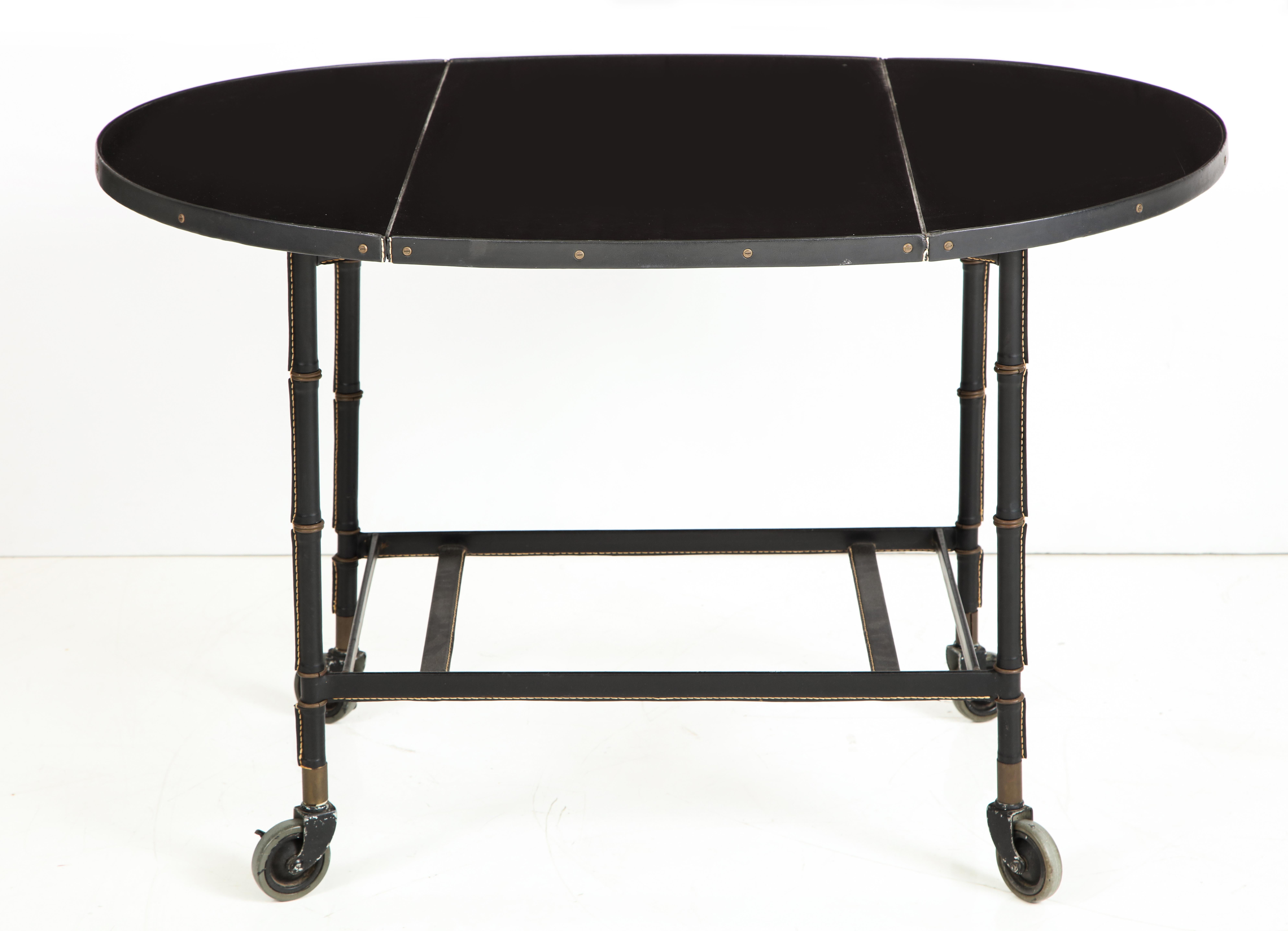 Mid-Century Modern Jacques Adnet Leather Wrapped Drop-Leaf Serving Table on Casters, France, 1950s