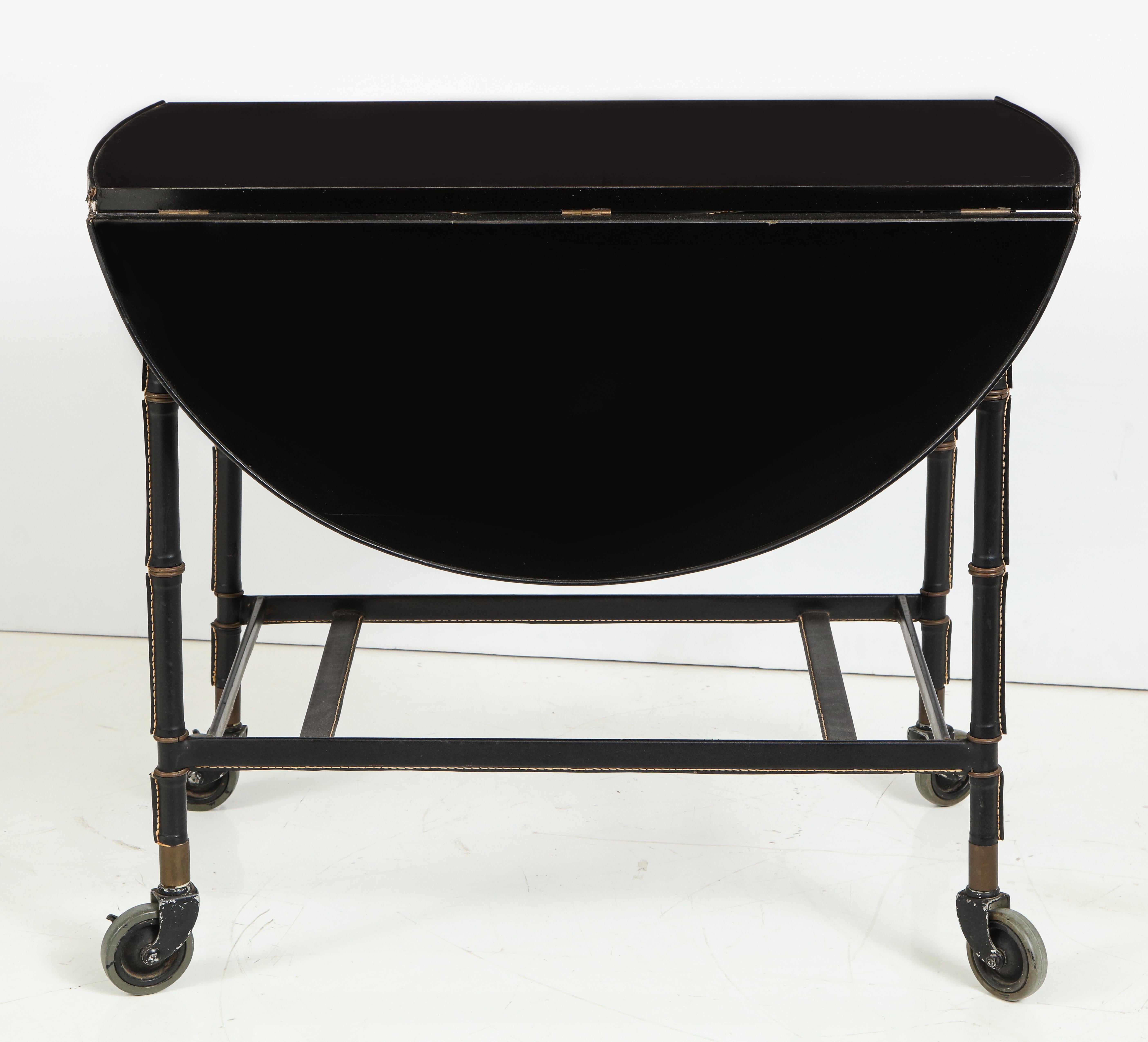 French Jacques Adnet Leather Wrapped Drop-Leaf Serving Table on Casters, France, 1950s