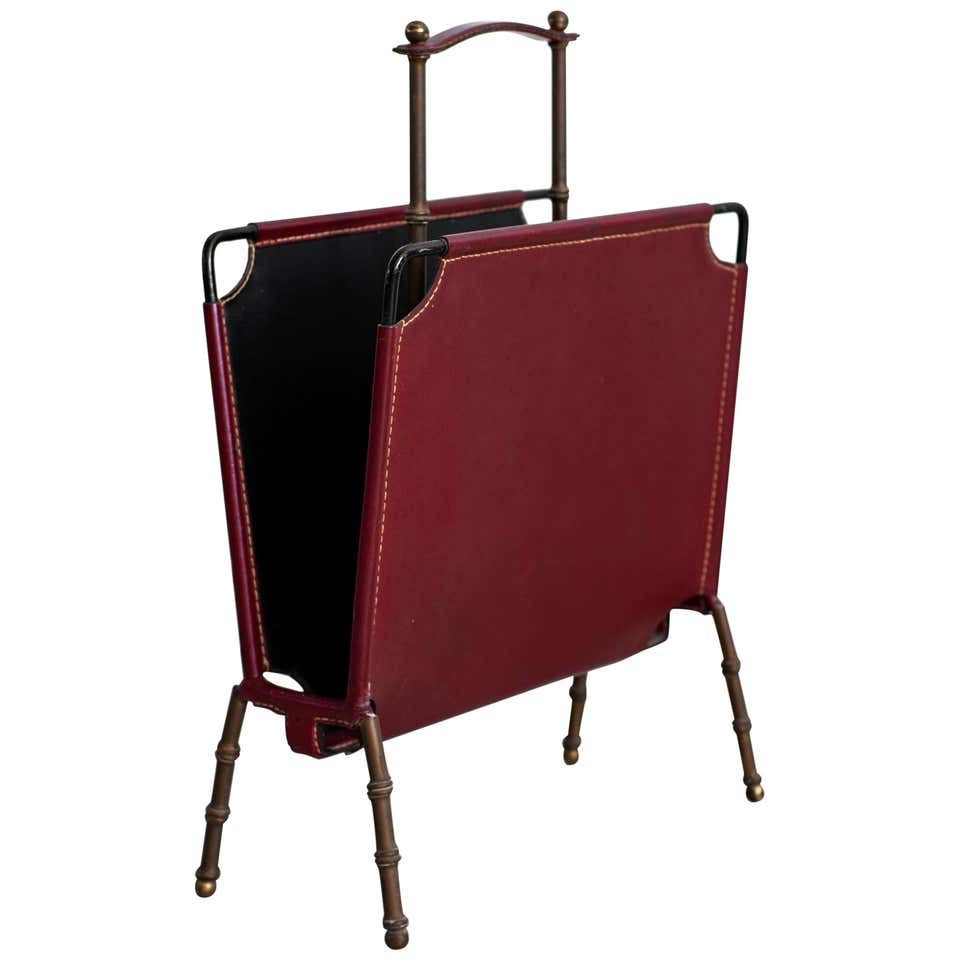 French Leather and Chrome Magazine Rack at 1stDibs