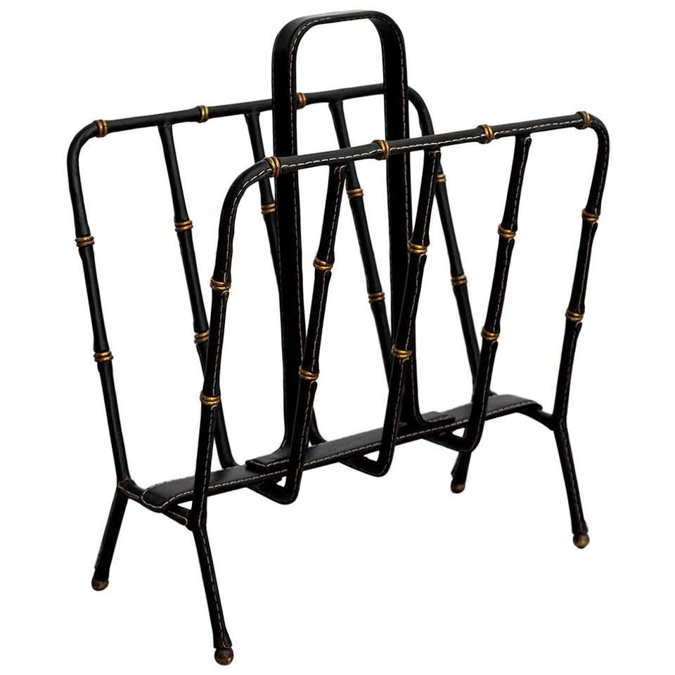 French Leather and Chrome Magazine Rack at 1stDibs