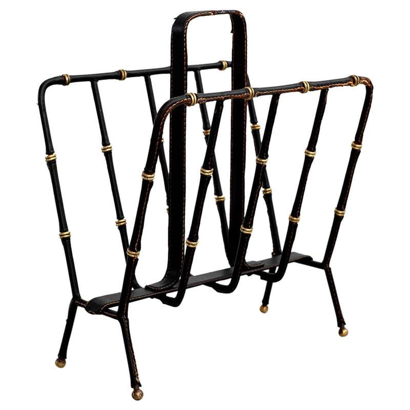 French Leather and Chrome Magazine Rack at 1stDibs
