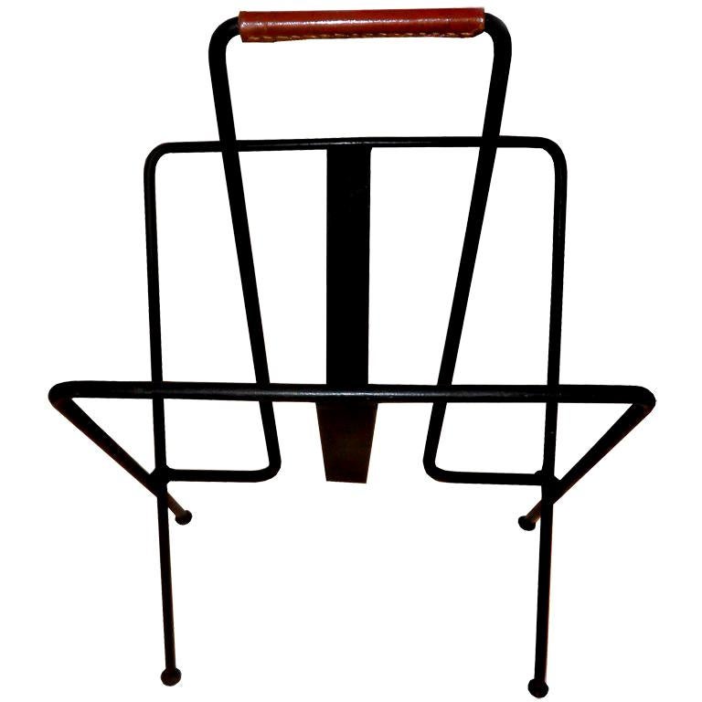 Jacques Adnet 1950 Magazine Rack, Newspaper Stand With Hermes Leather Handle 