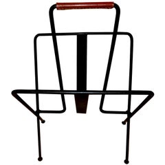 Vintage Jacques Adnet 1950 Magazine Rack, Newspaper Stand With Hermes Leather Handle 