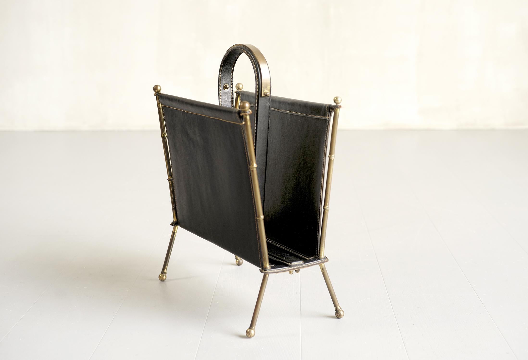 Mid-Century Modern Jacques Adnet, Magazine Rack in Black Leather, France 1950