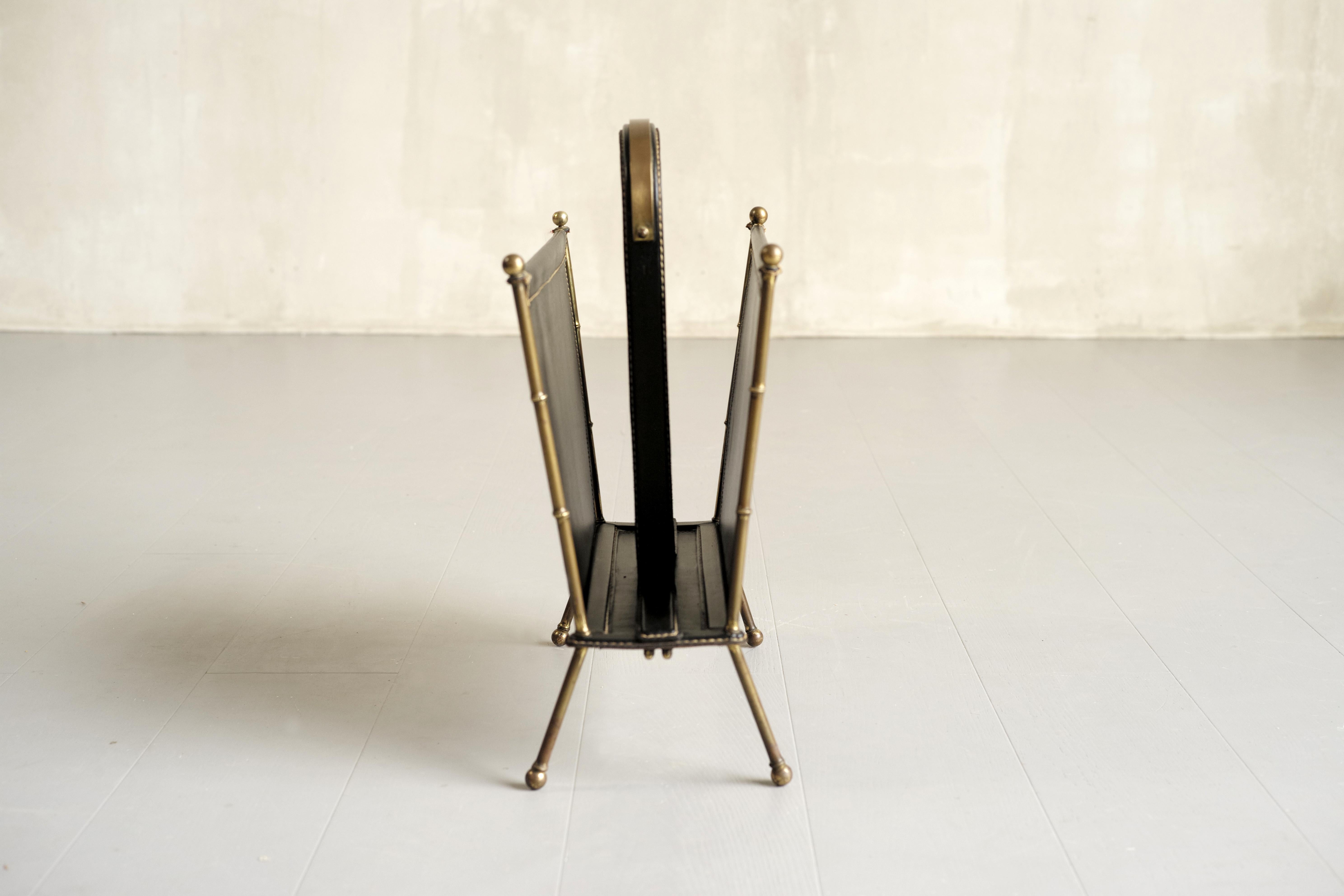 Brass Jacques Adnet, Magazine Rack in Black Leather, France 1950