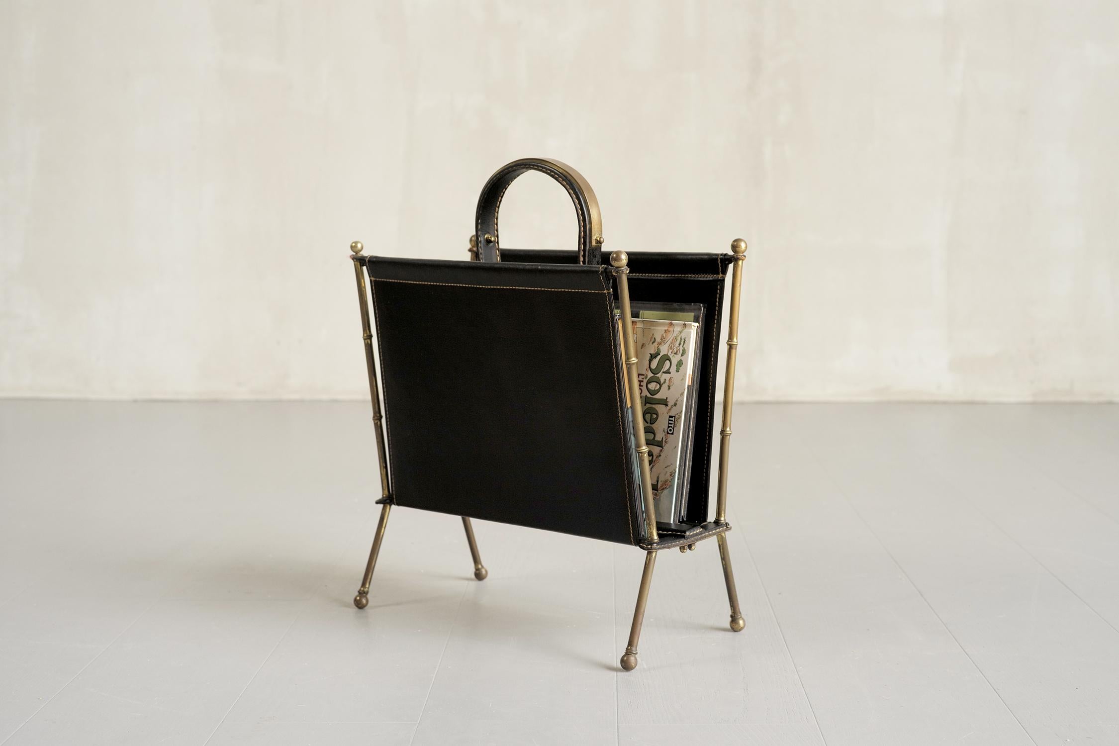 Jacques Adnet, Magazine Rack in Black Leather, France 1950 1