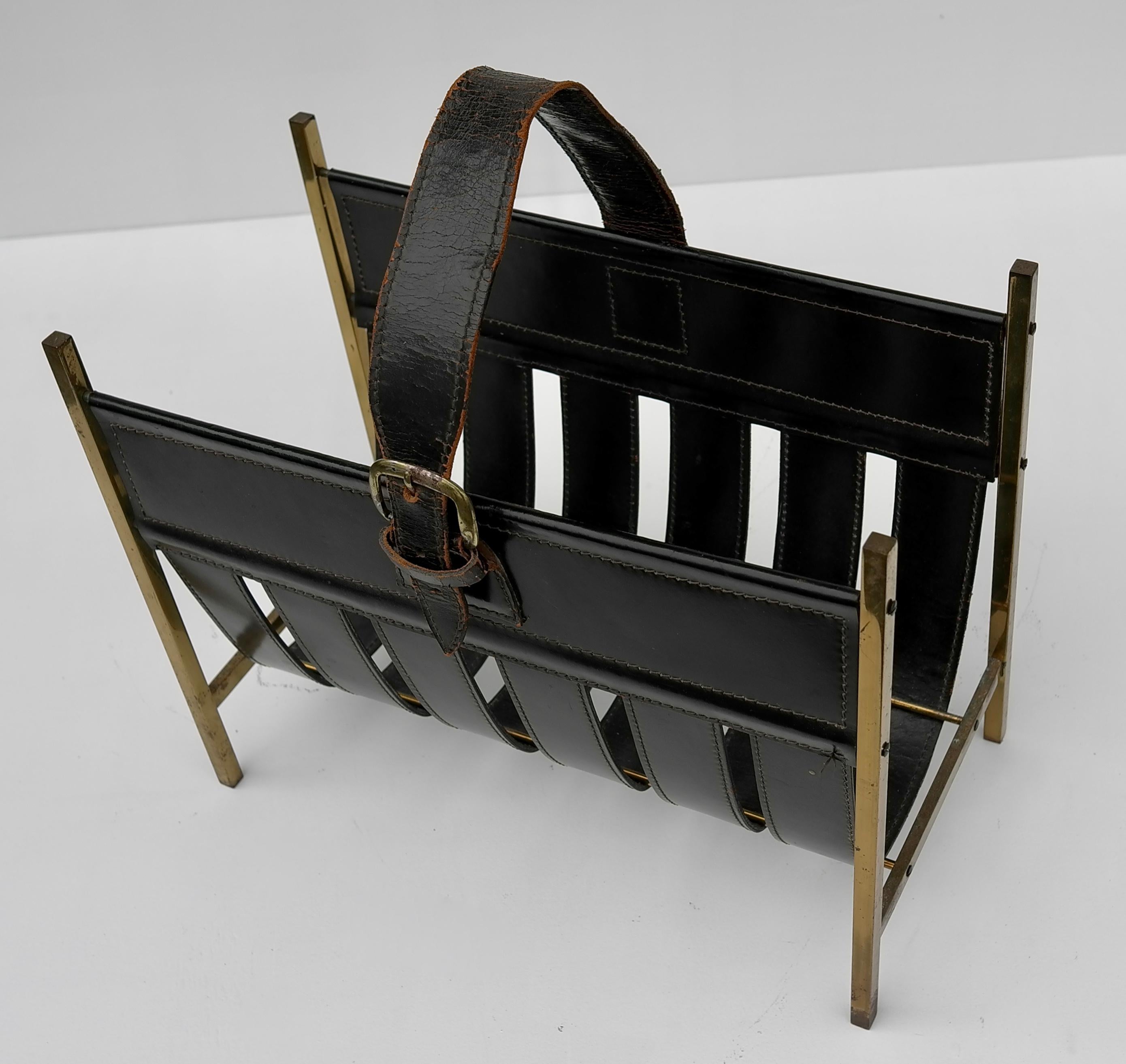 Jacques Adnet Magazine Rack in Black Sling Leather and Brass, France 1960's 3