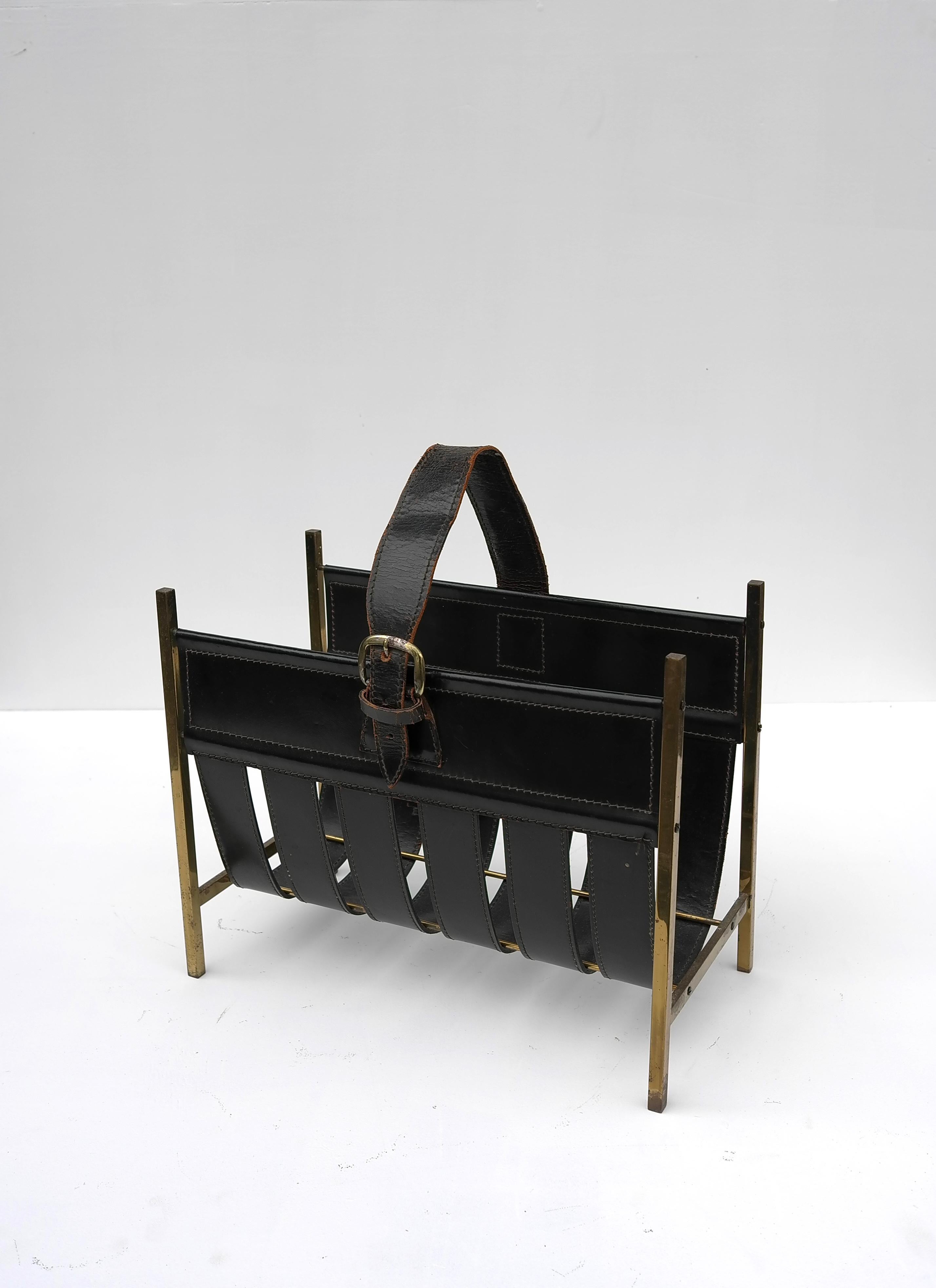 Jacques Adnet Magazine Rack in Black Sling Leather and Brass, France 1960's 4