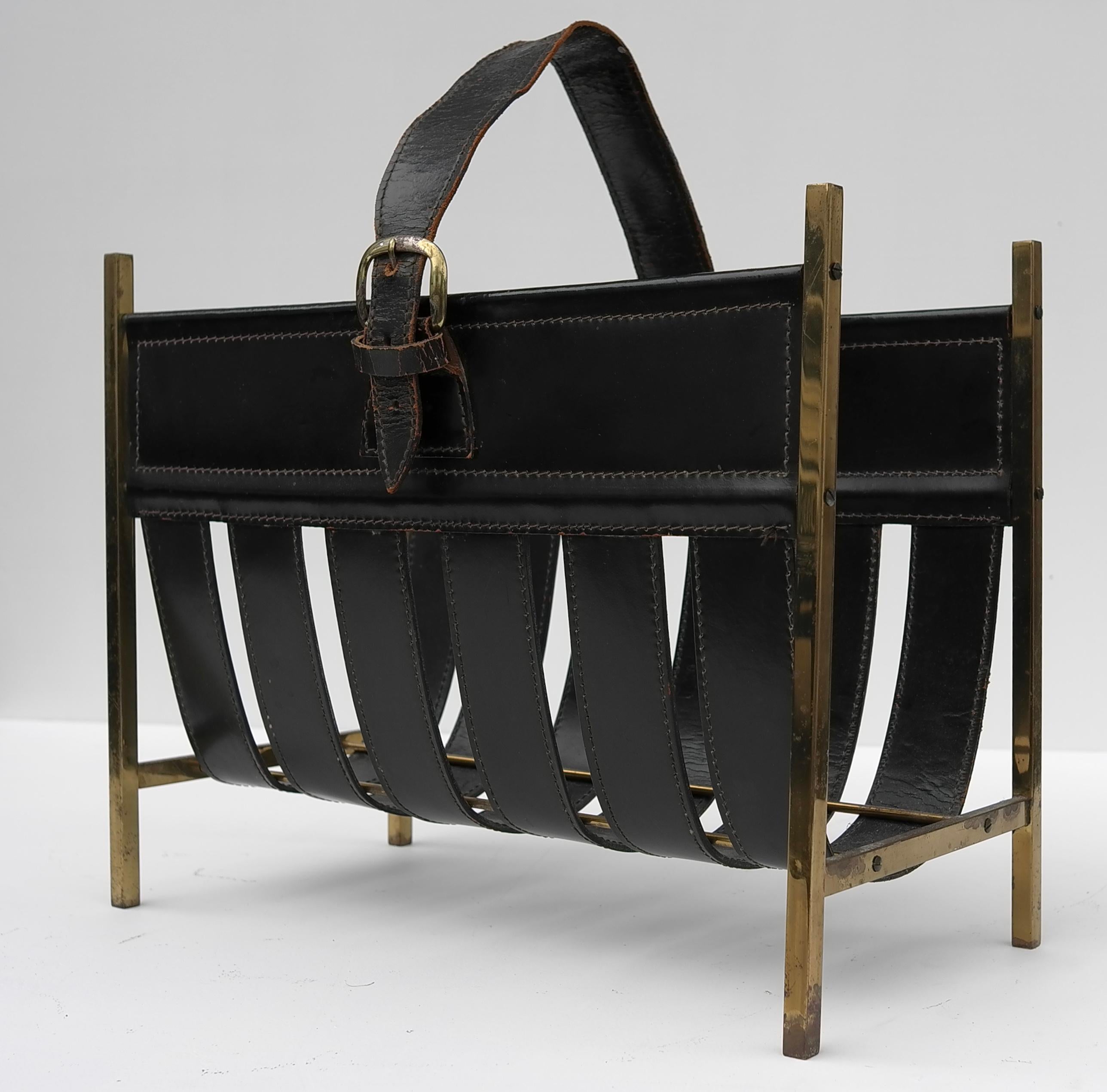 French Jacques Adnet Magazine Rack in Black Sling Leather and Brass, France 1960's