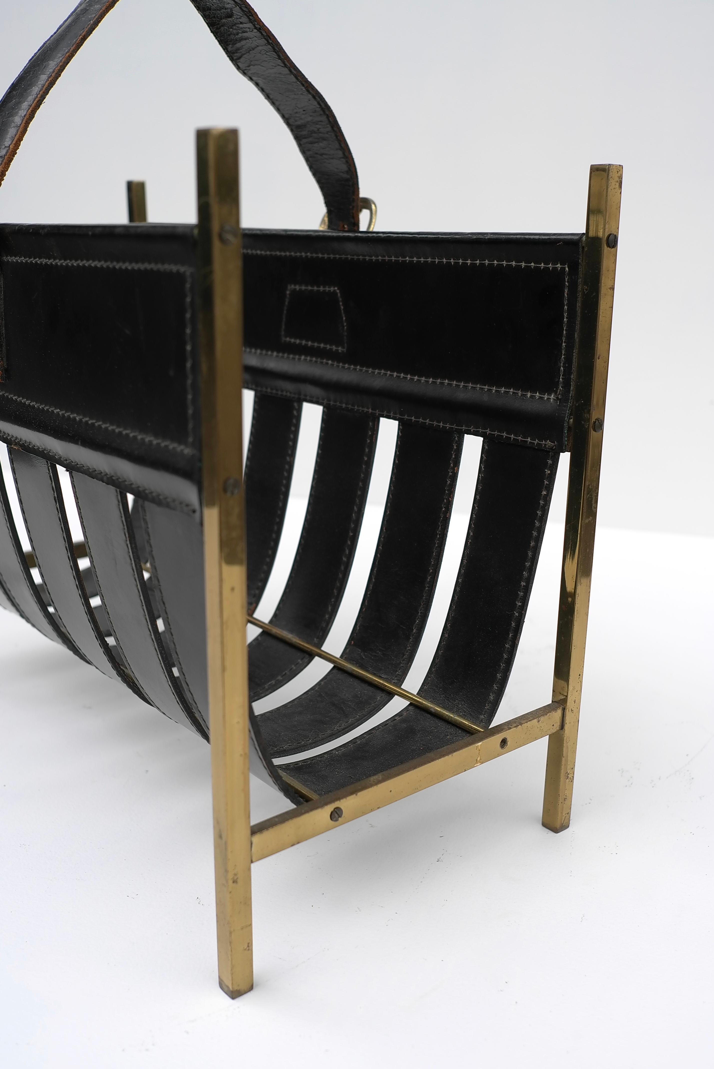 Jacques Adnet Magazine Rack in Black Sling Leather and Brass, France 1960's 1