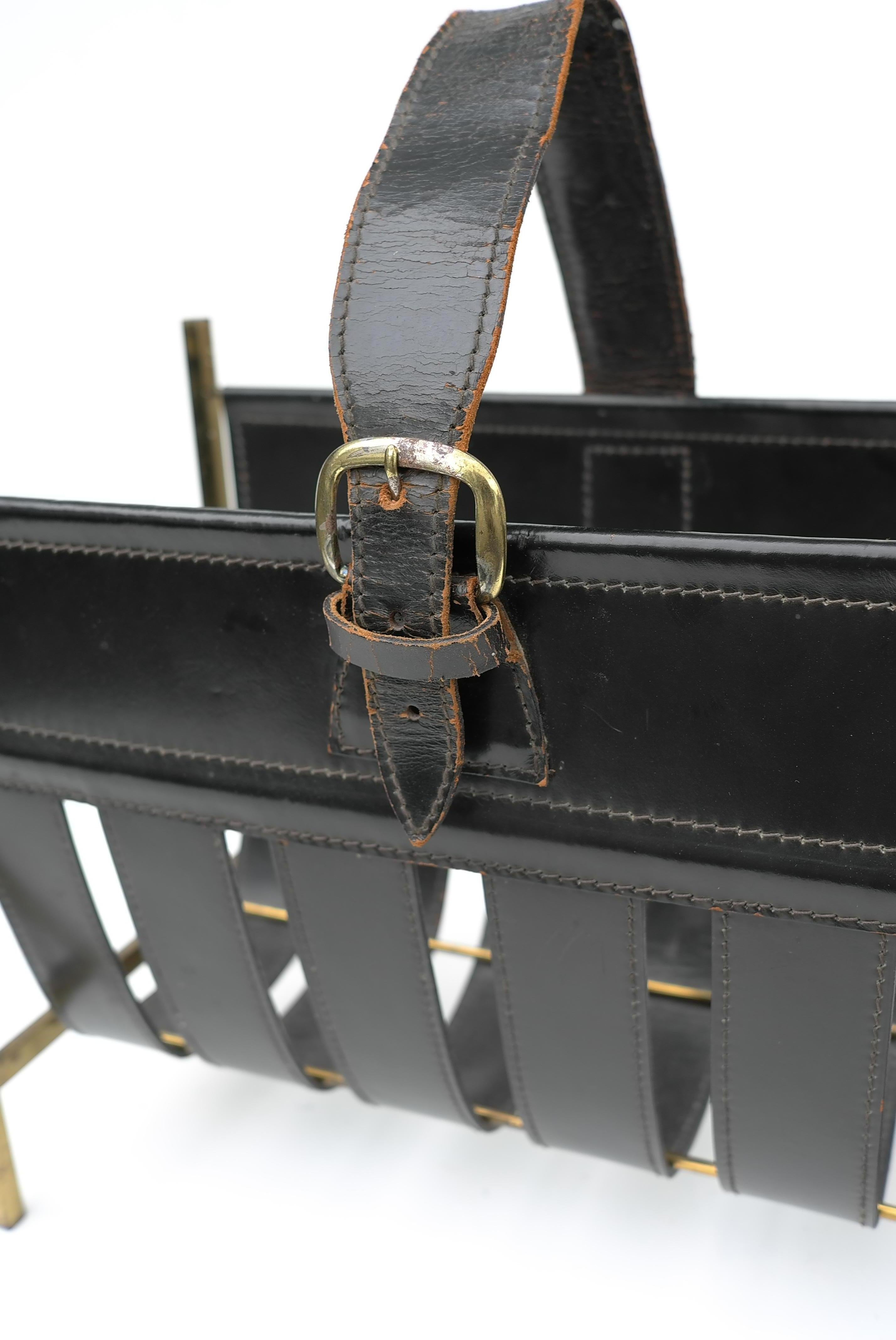 Jacques Adnet Magazine Rack in Black Sling Leather and Brass, France 1960's 2