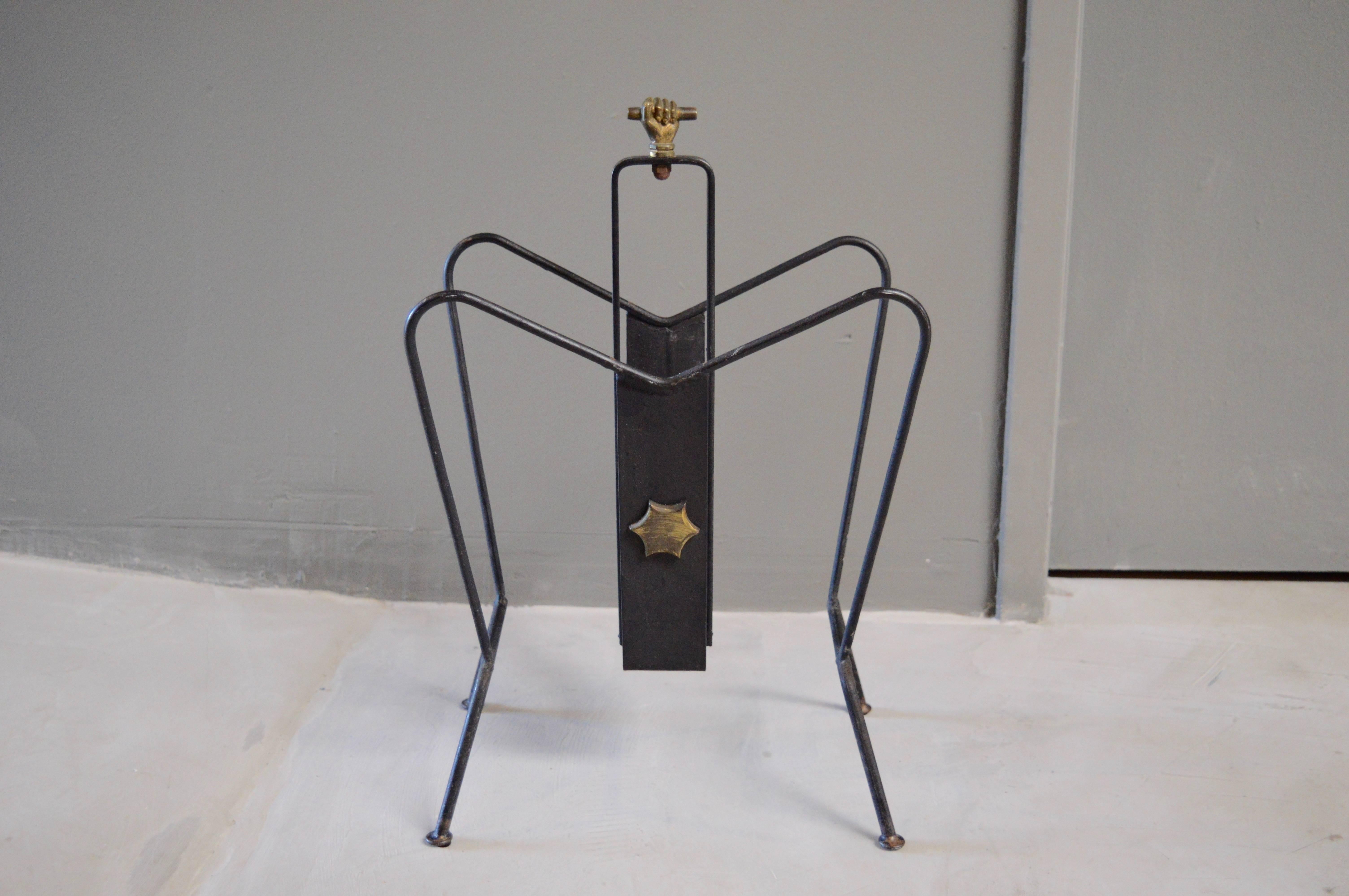 French Jacques Adnet Magazine Rack in Brass and Iron