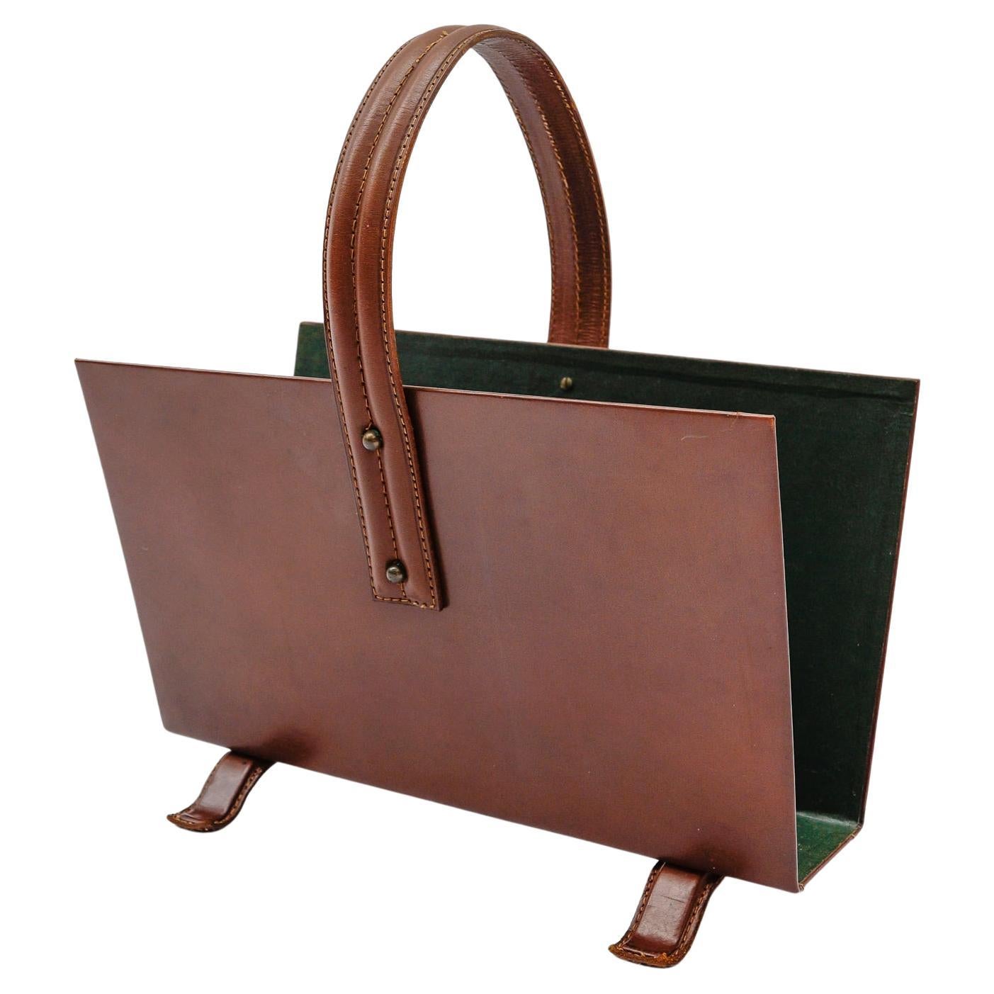 Jacques Adnet Magazine Rack made in Leather and Brass, 1950s For Sale