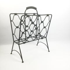 Jacques Adnet Magazine Rack in Wrought Iron and Green Leather from the 1940s