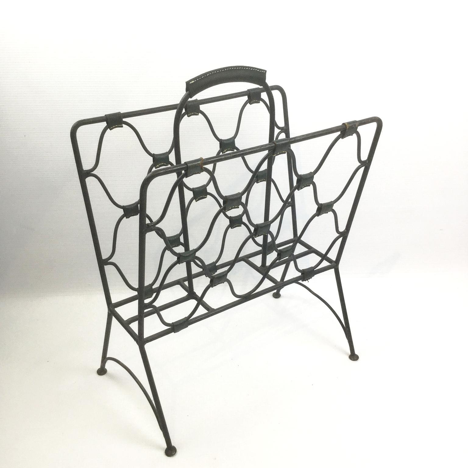 Mid-Century Modern Jacques Adnet Magazine Rack in Wrought Iron and Green Leather from the 1940s For Sale