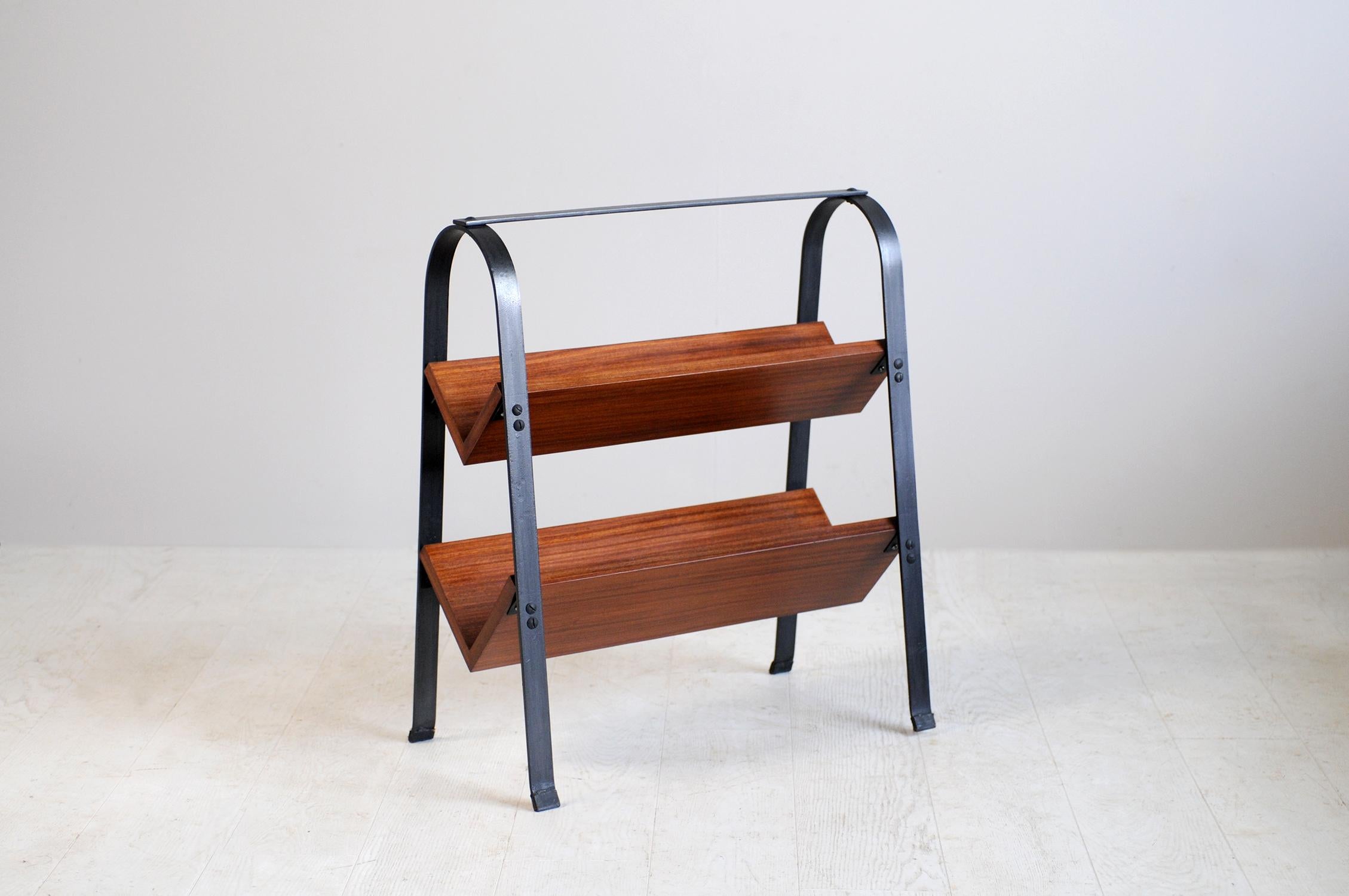 Mid-Century Modern Jacques Adnet, Mahogany and Blackened Iron Bookcase, France, 1950 For Sale