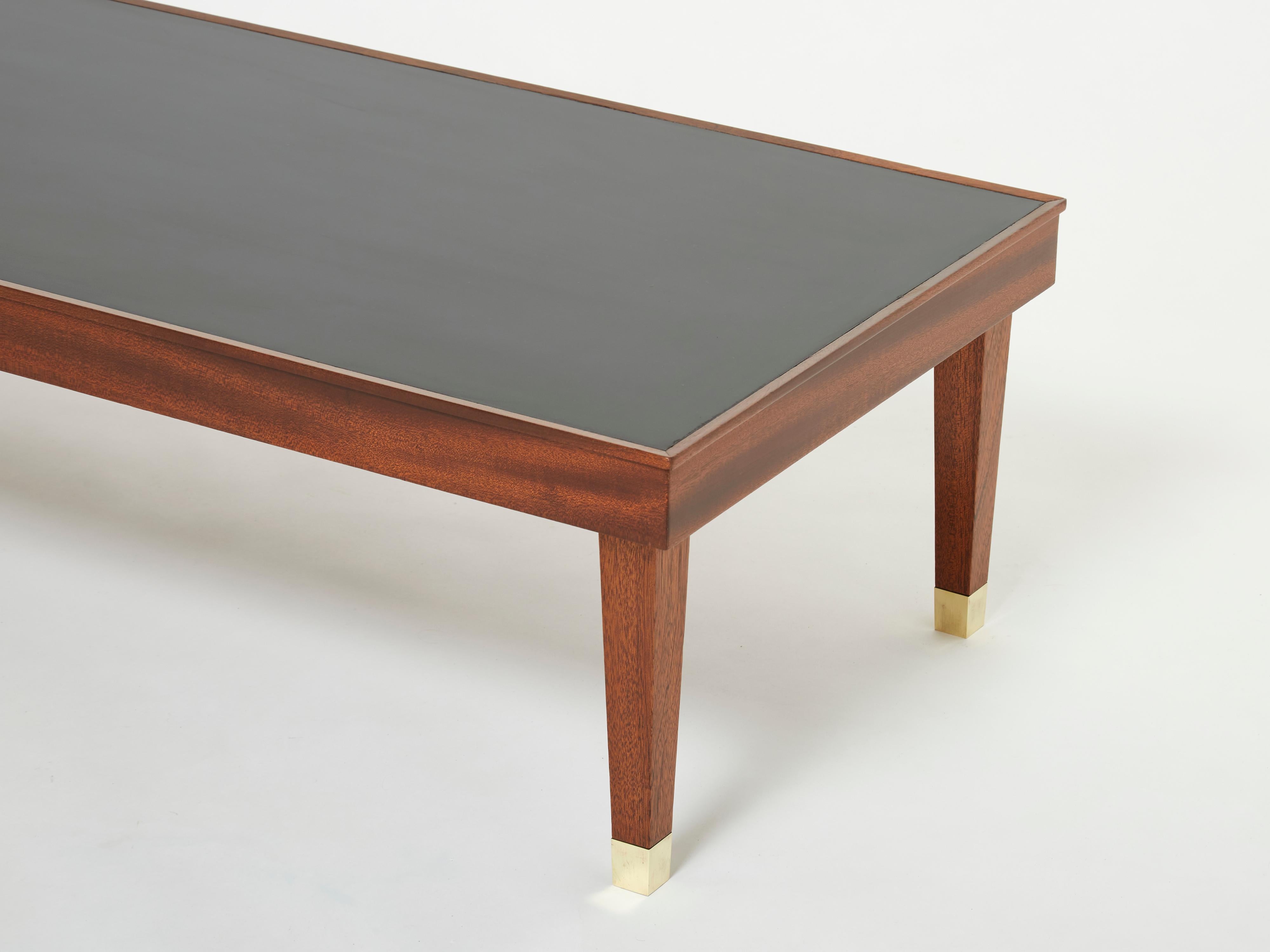 Mid-Century Modern Jacques Adnet Mahogany Brass Modernist Coffee Table, 1950s For Sale