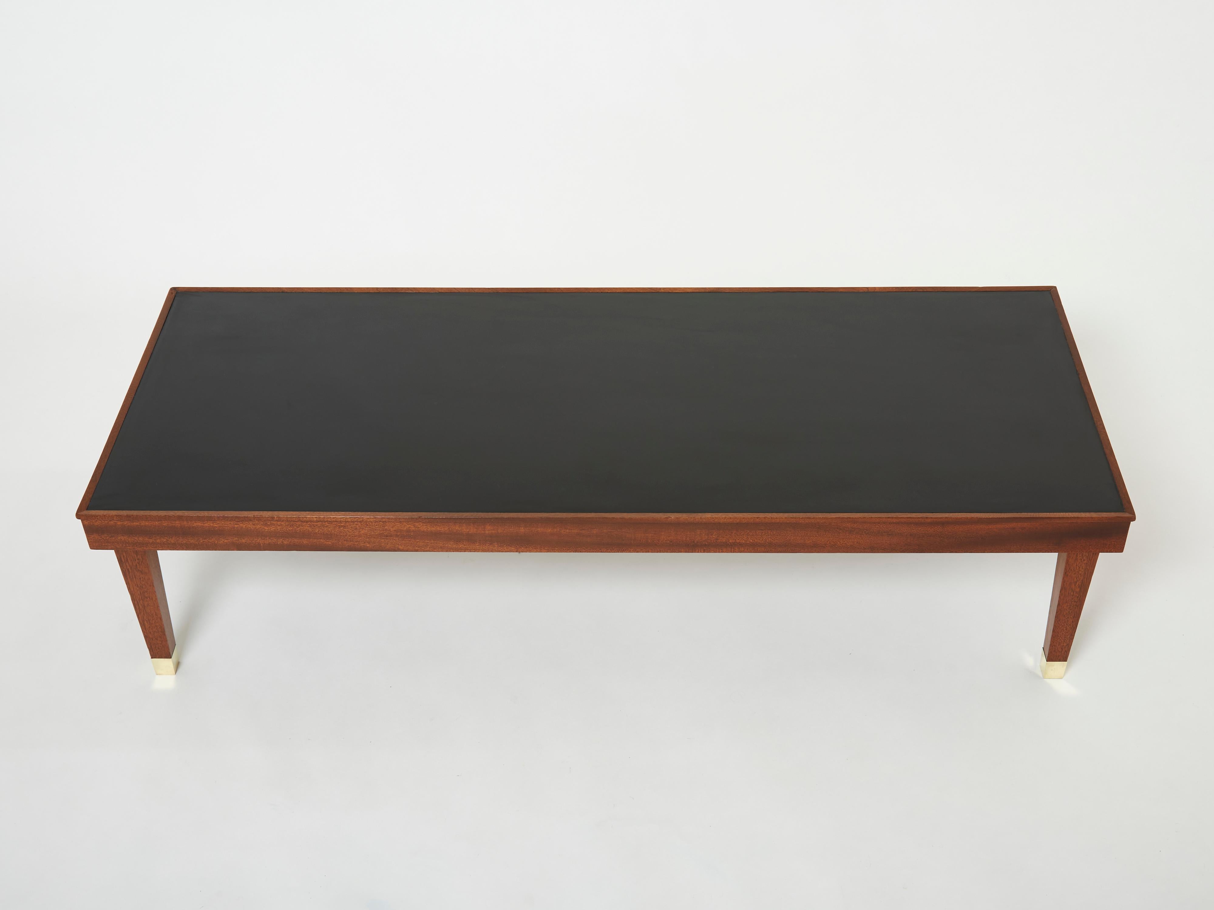 French Jacques Adnet Mahogany Brass Modernist Coffee Table, 1950s For Sale