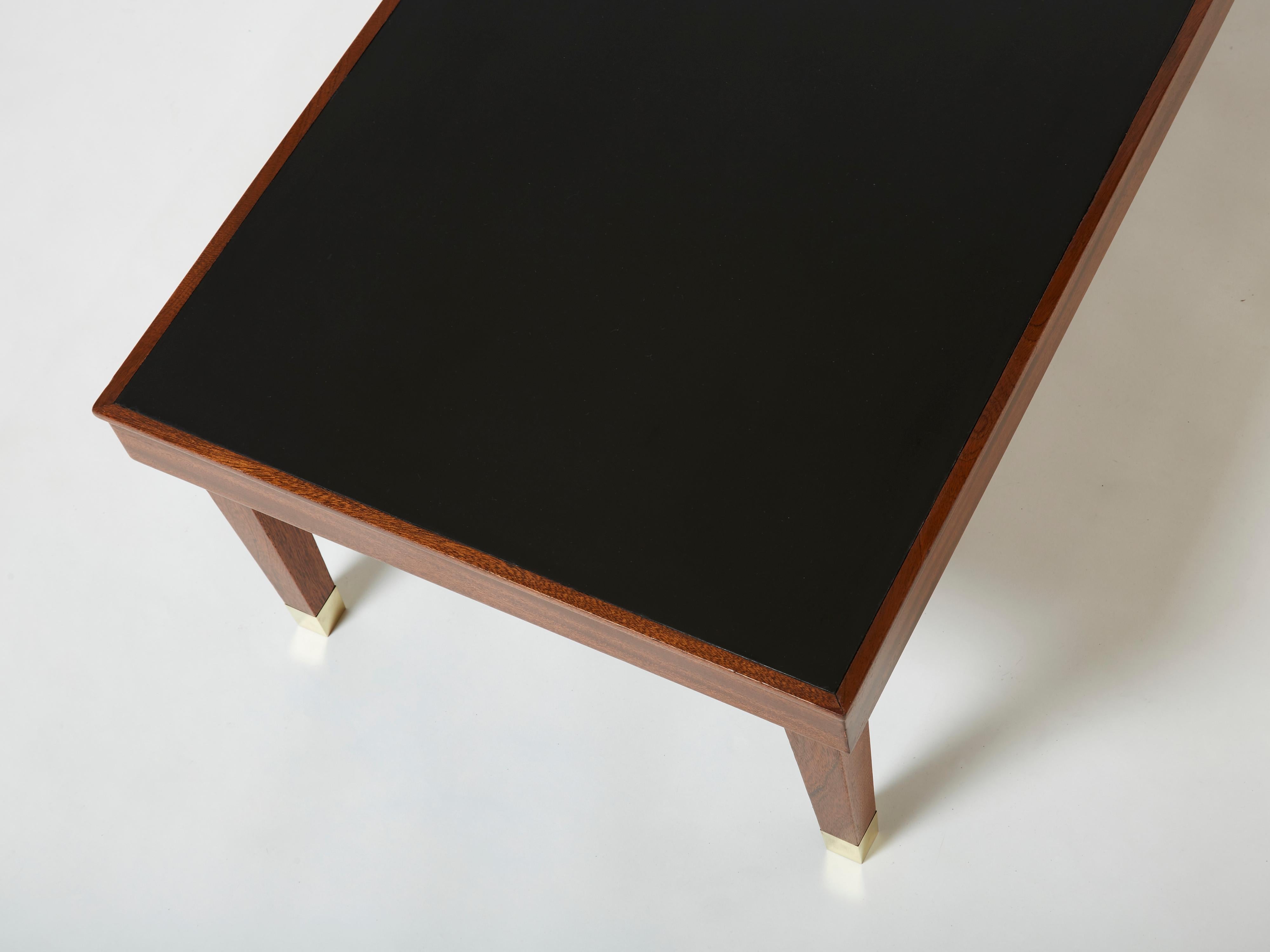 Mid-20th Century Jacques Adnet Mahogany Brass Modernist Coffee Table, 1950s For Sale
