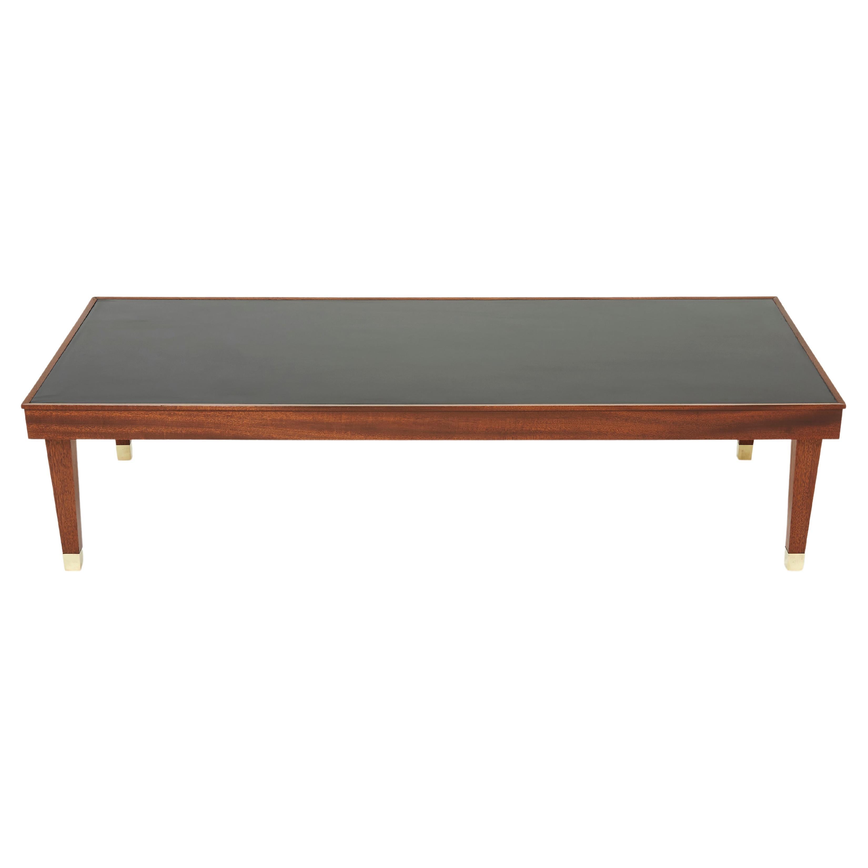 Jacques Adnet Mahogany Brass Modernist Coffee Table, 1950s For Sale
