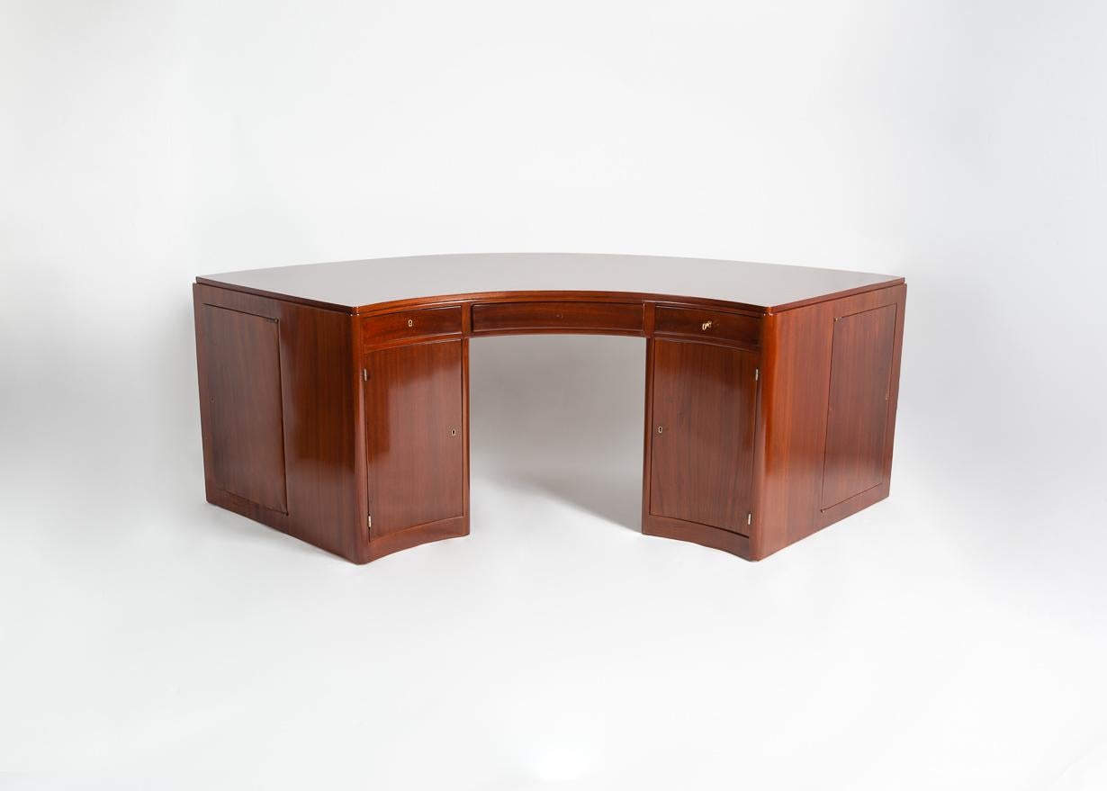 Jacques Adnet, Mahogany Semicircular Desk, France, circa 1936 In Good Condition For Sale In New York, NY