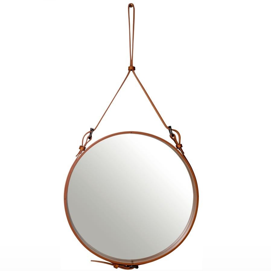Contemporary Jacques Adnet Medium Circulaire Mirror with Black Leather For Sale