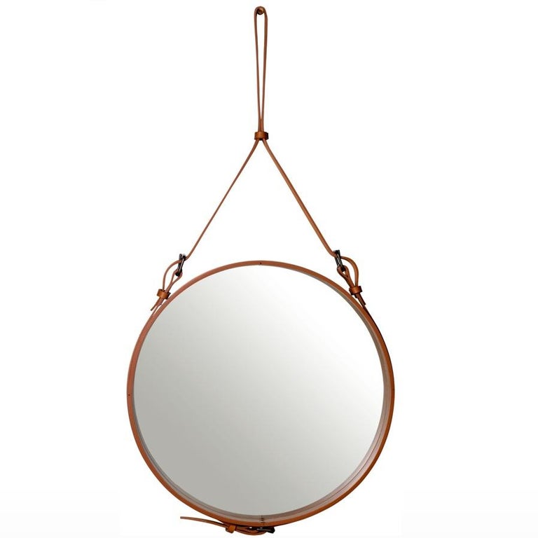 Brass Jacques Adnet Medium Circulaire Mirror with Black Leather For Sale