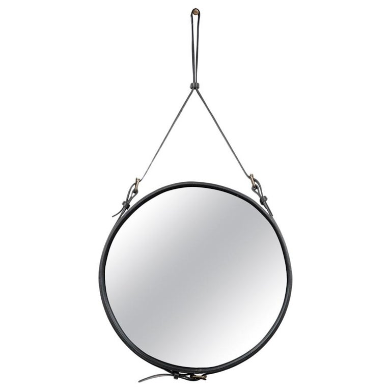 Jacques Adnet Medium Circulaire Mirror with Black Leather For Sale
