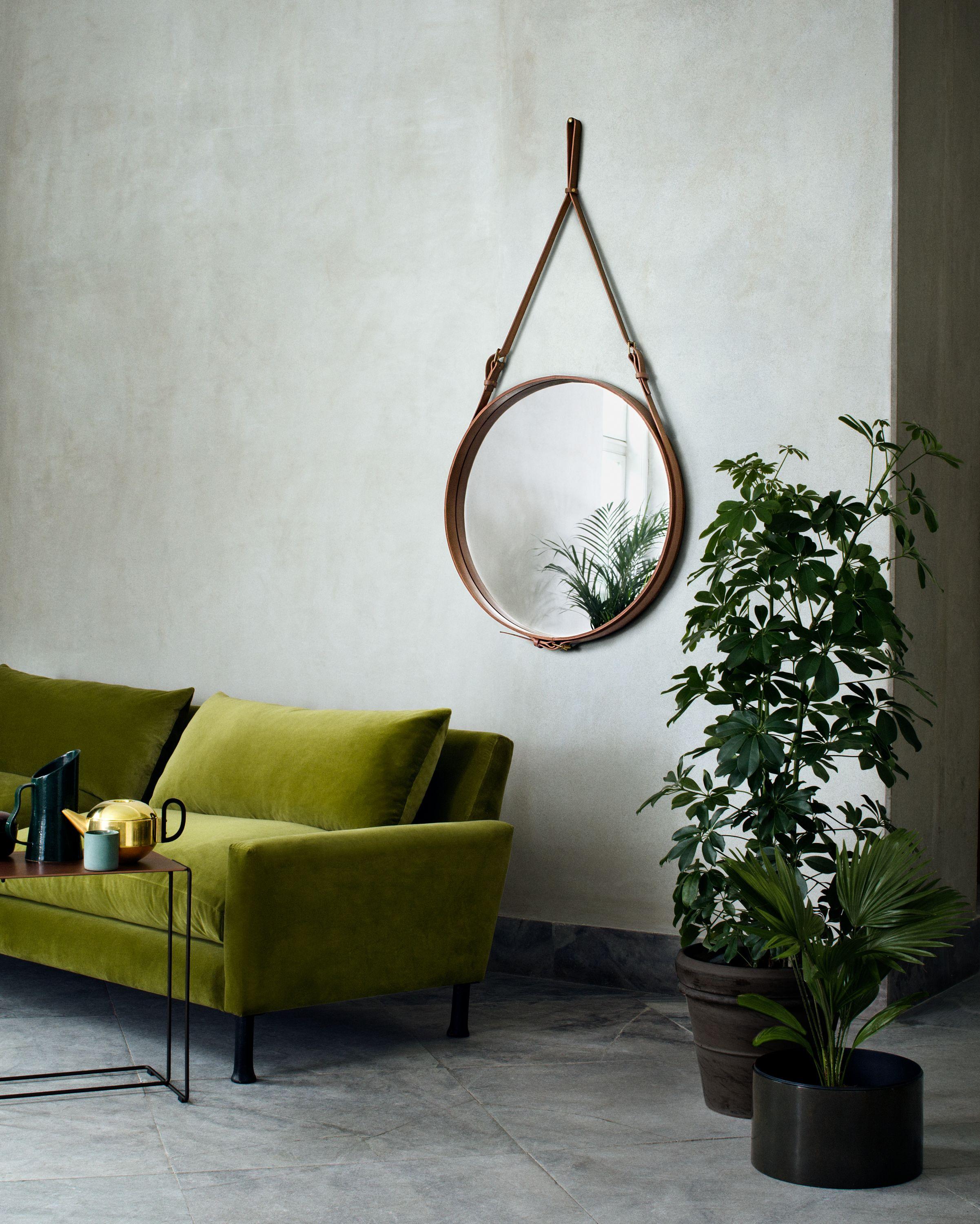Mid-Century Modern Jacques Adnet Medium 'Circulaire' Mirror in Tan Leather for GUBI For Sale