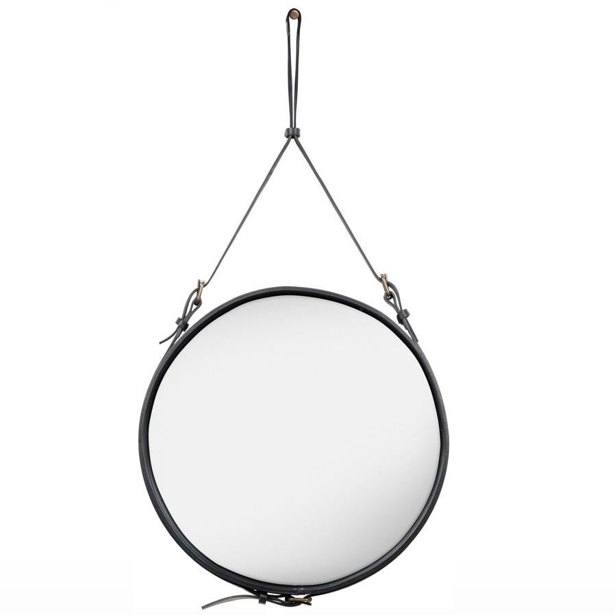 Brass Jacques Adnet Medium Circulaire Mirror with Brown Leather For Sale