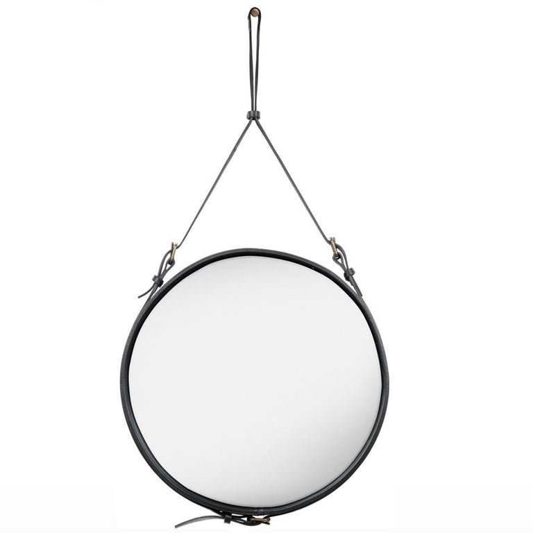 Jacques Adnet Medium Circulaire Mirror with Brown Leather For Sale 1