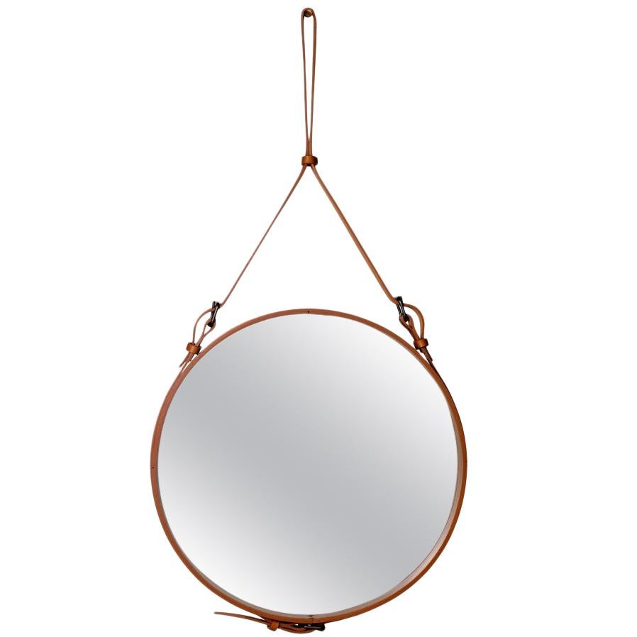 Jacques Adnet Medium Circulaire Mirror with Brown Leather