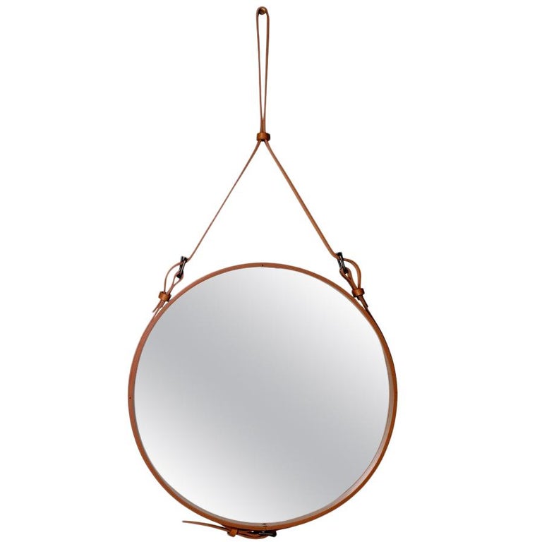 Jacques Adnet Medium Circulaire Mirror with Brown Leather For Sale