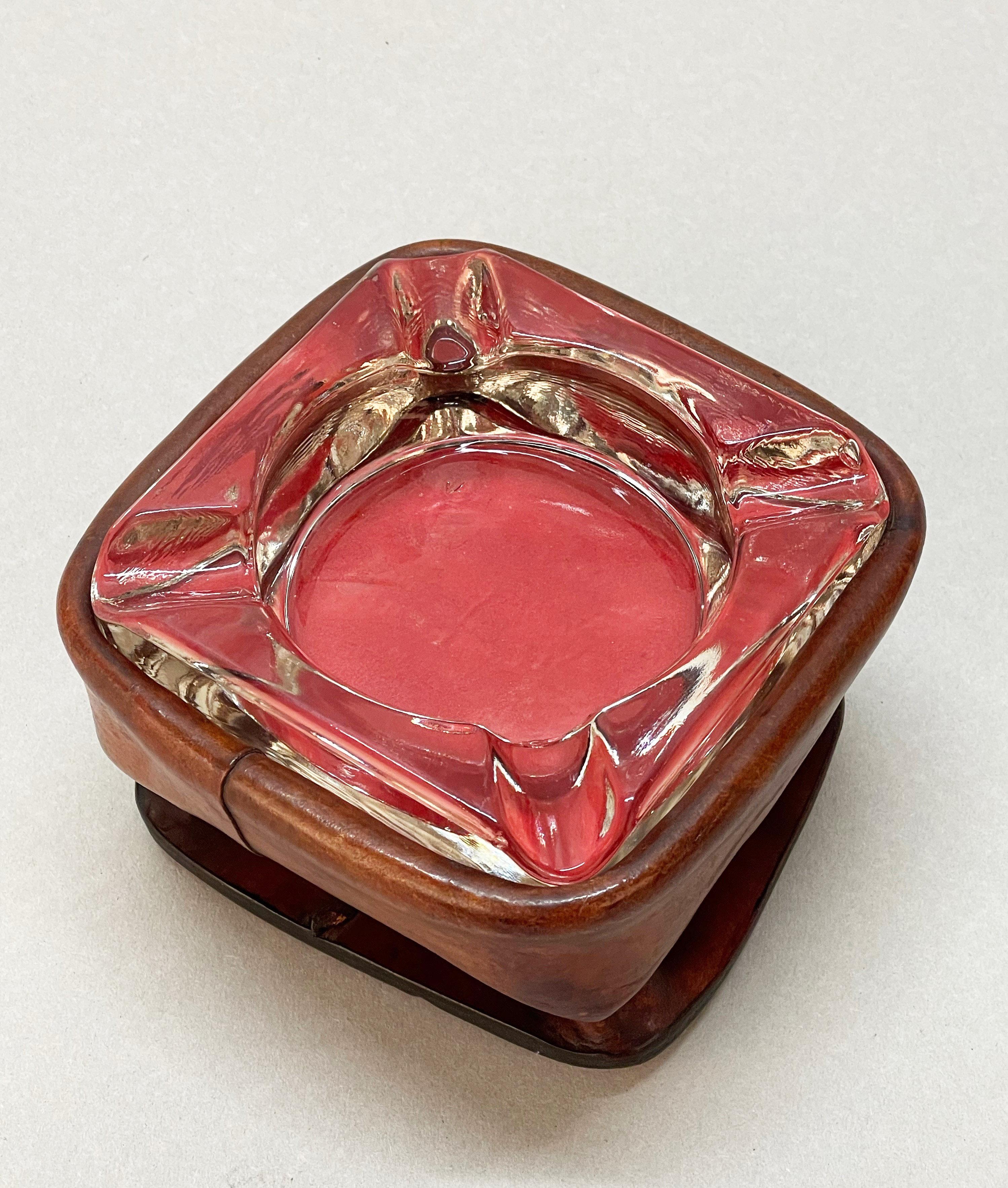 Jacques Adnet Midcentury Brown Leather and Glass French Ashtray, 1950s For Sale 6