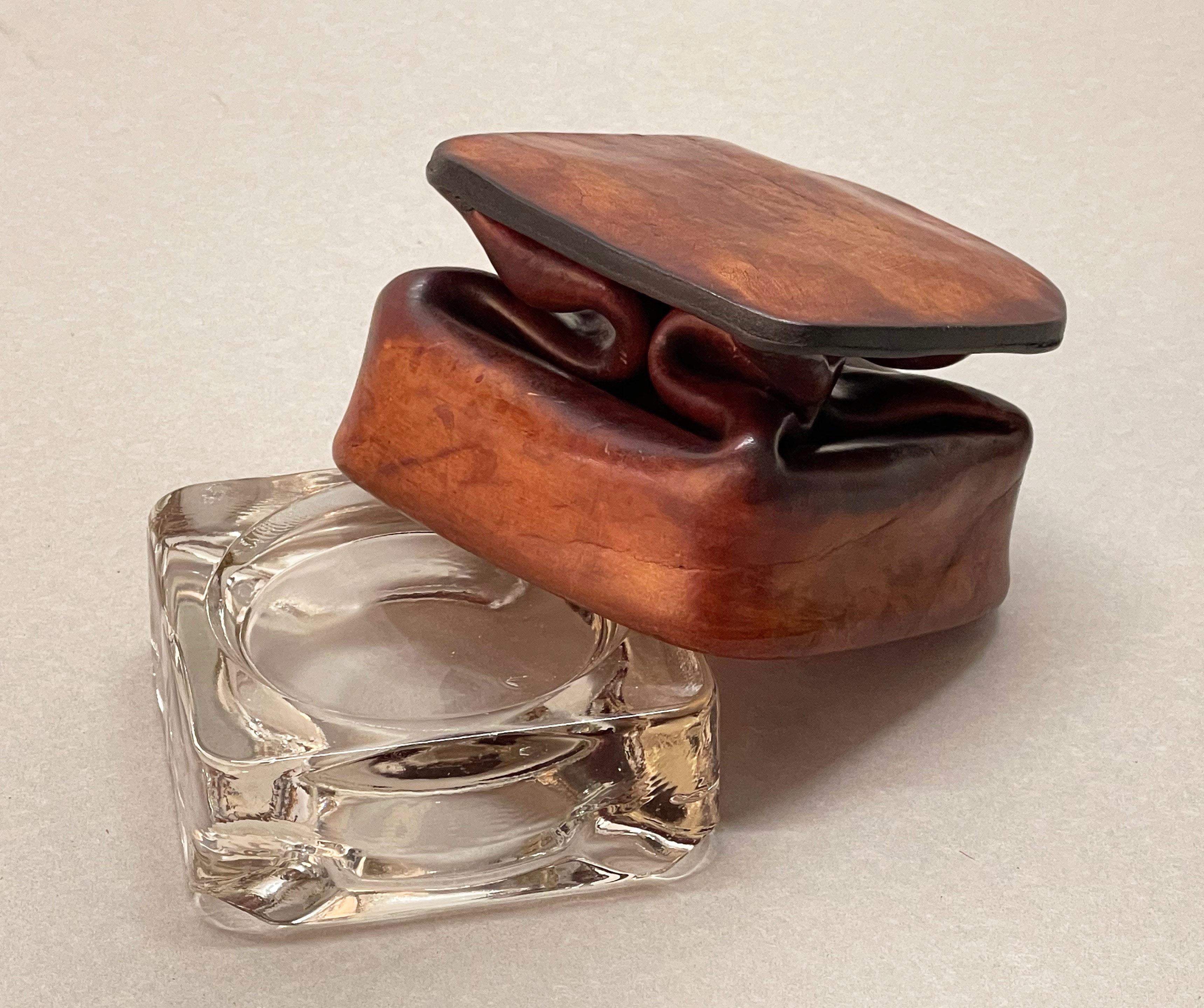Jacques Adnet Midcentury Brown Leather and Glass French Ashtray, 1950s For Sale 9