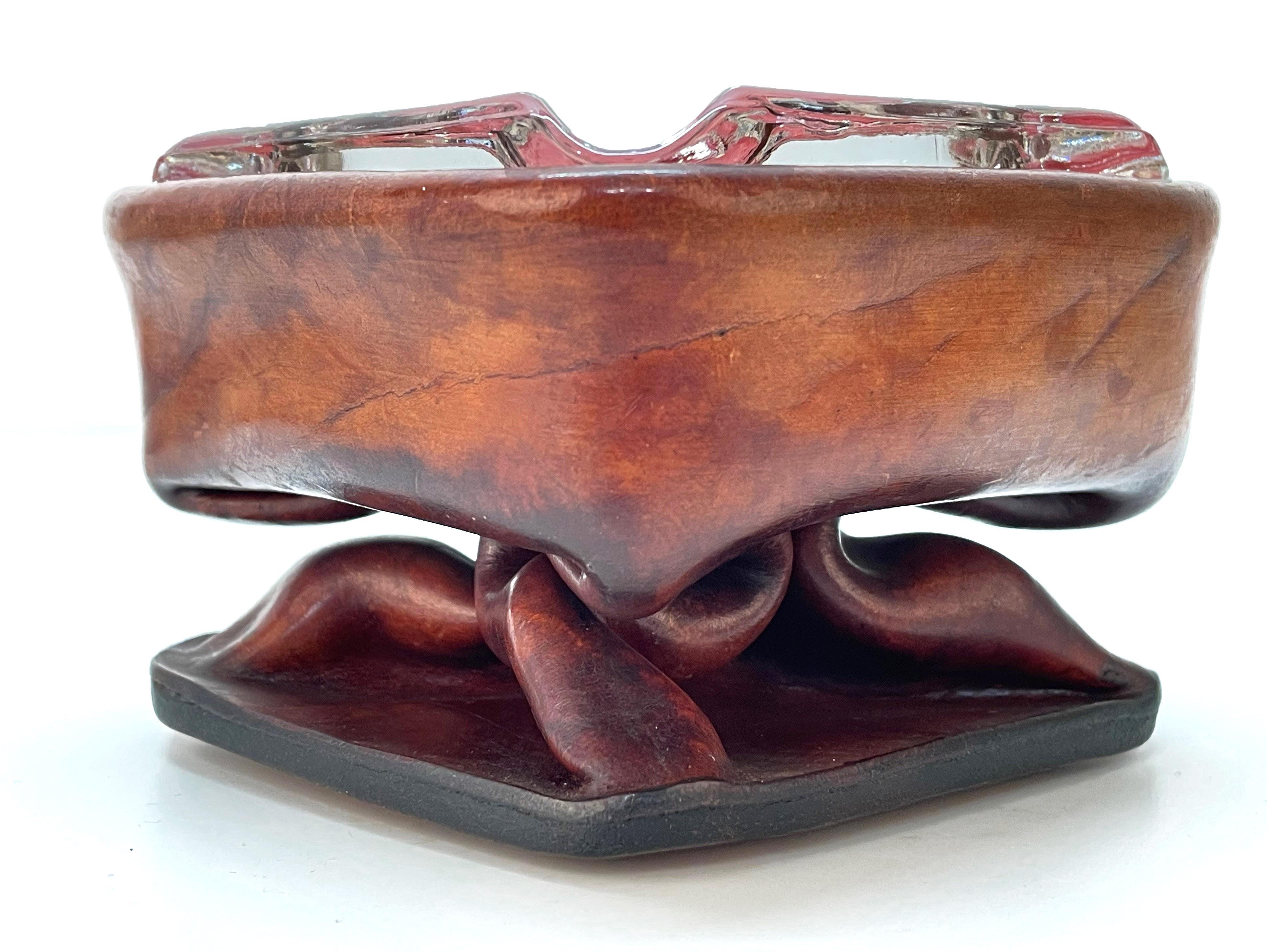 Jacques Adnet Midcentury Brown Leather and Glass French Ashtray, 1950s For Sale 11