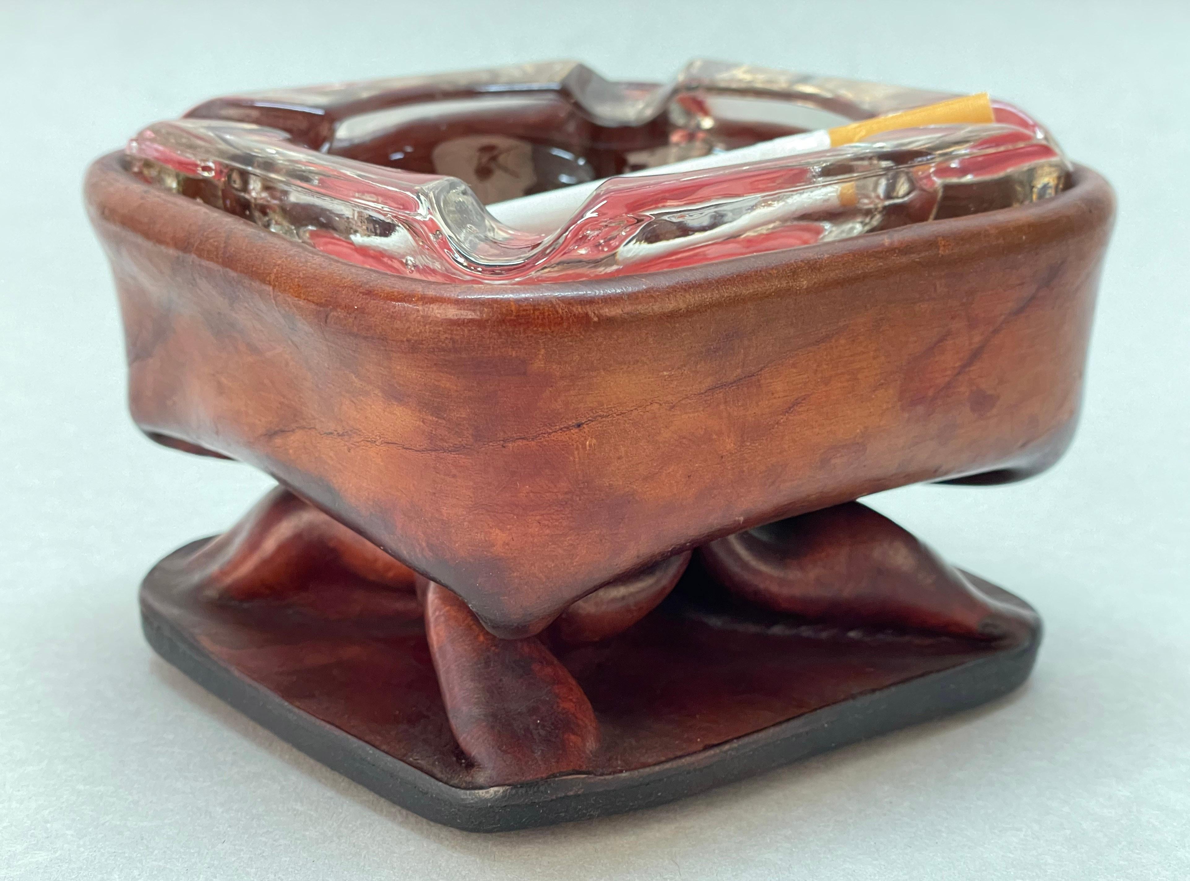 Jacques Adnet Midcentury Brown Leather and Glass French Ashtray, 1950s For Sale 12