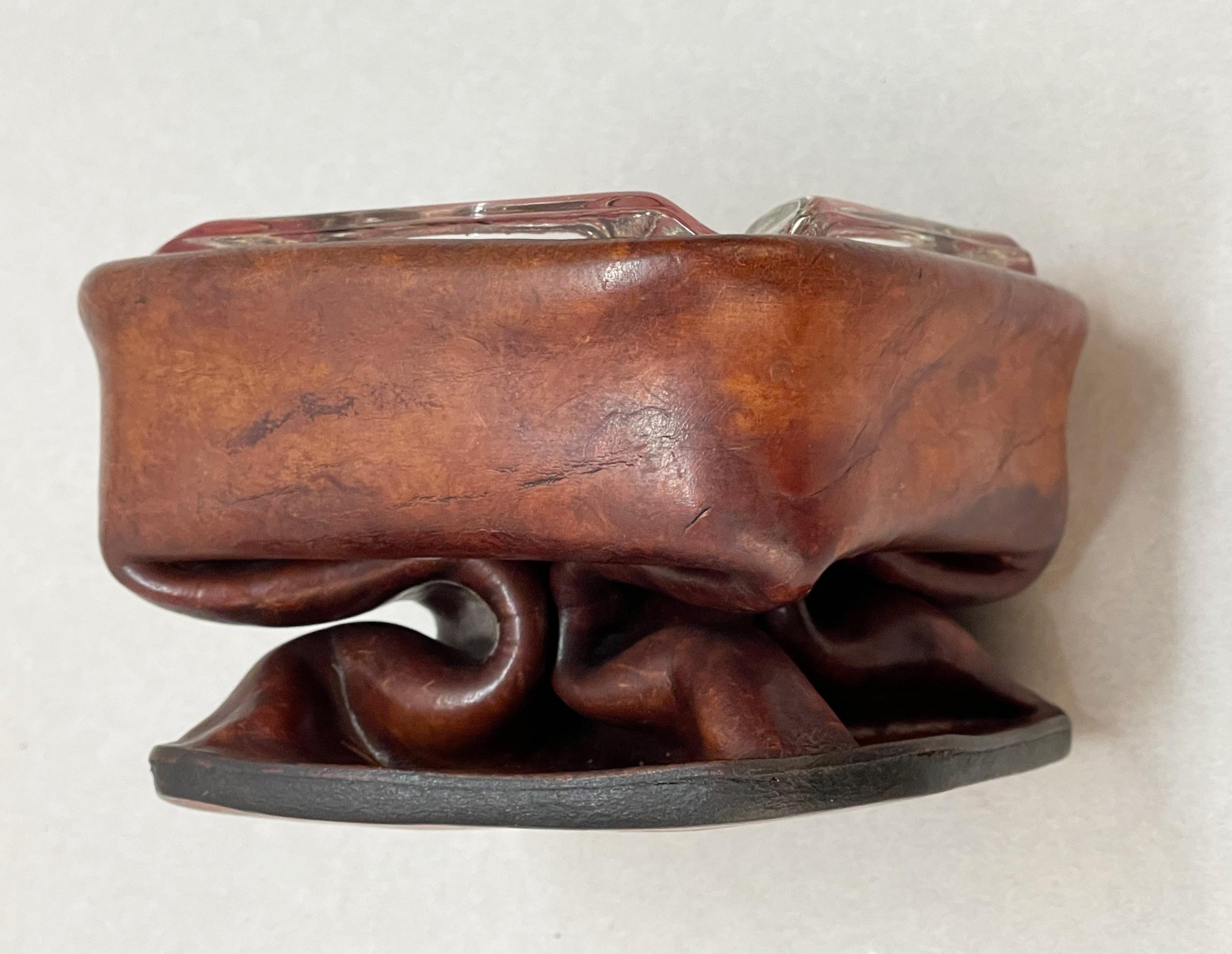 Jacques Adnet Midcentury Brown Leather and Glass French Ashtray, 1950s For Sale 13