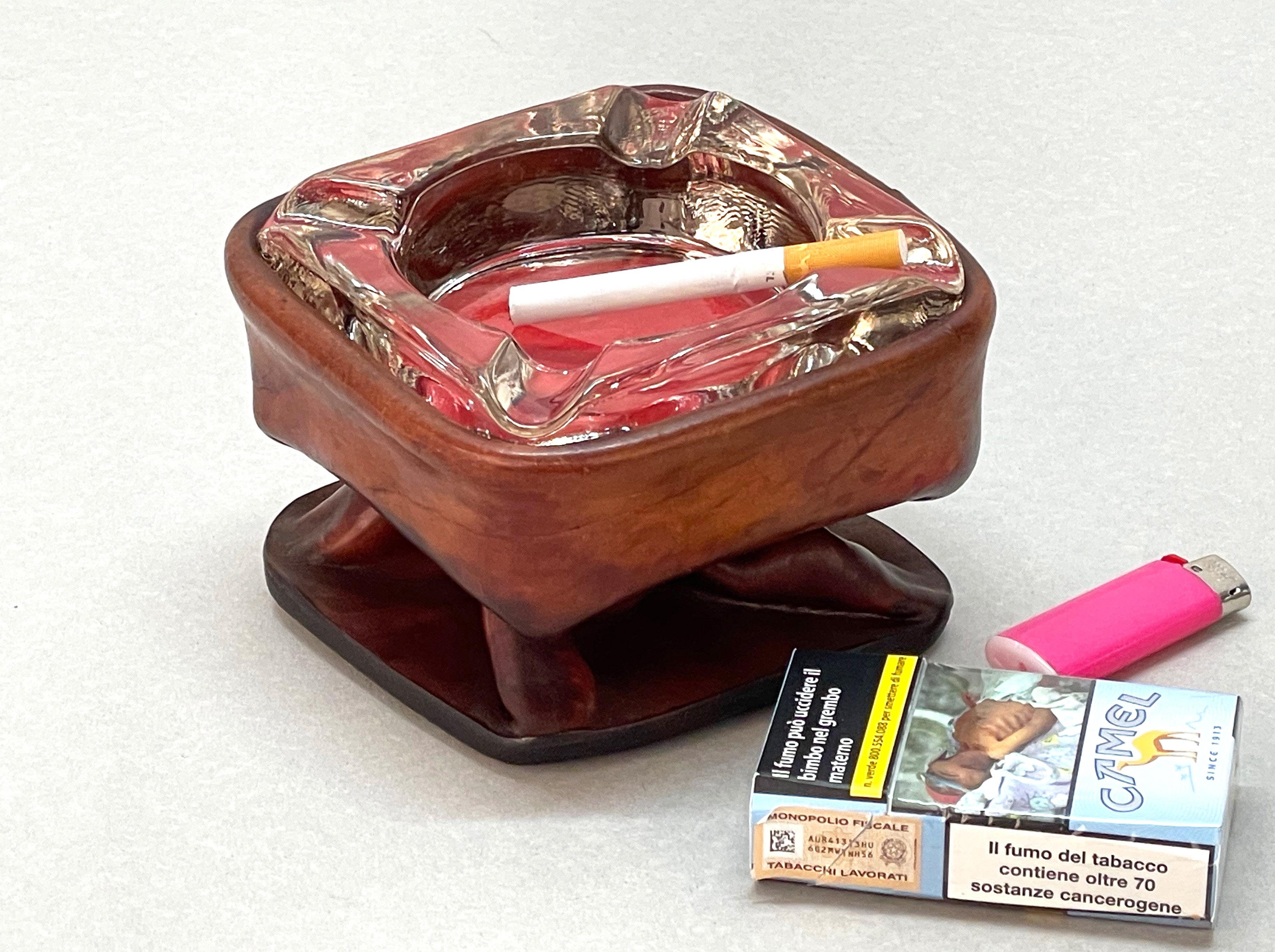 Jacques Adnet Midcentury Brown Leather and Glass French Ashtray, 1950s For Sale 15
