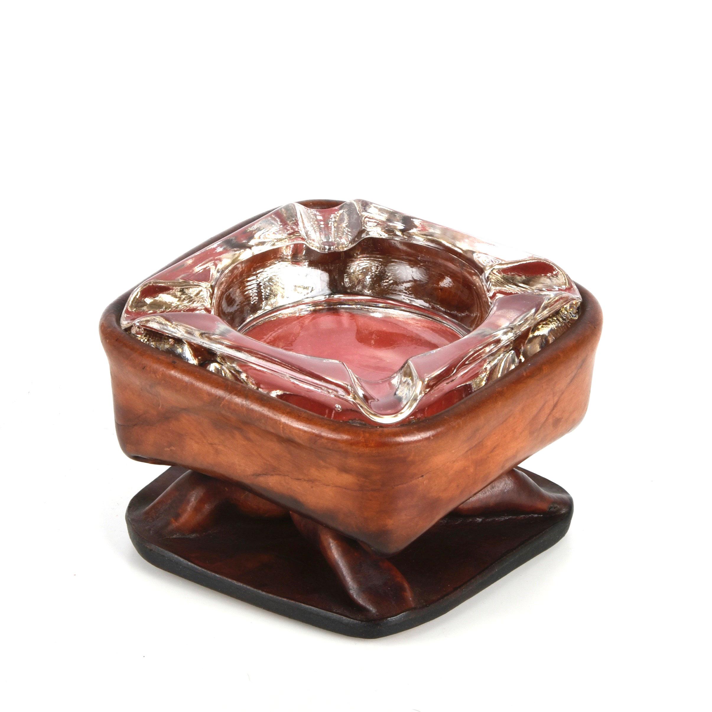 Mid-Century Modern Jacques Adnet Midcentury Brown Leather and Glass French Ashtray, 1950s For Sale
