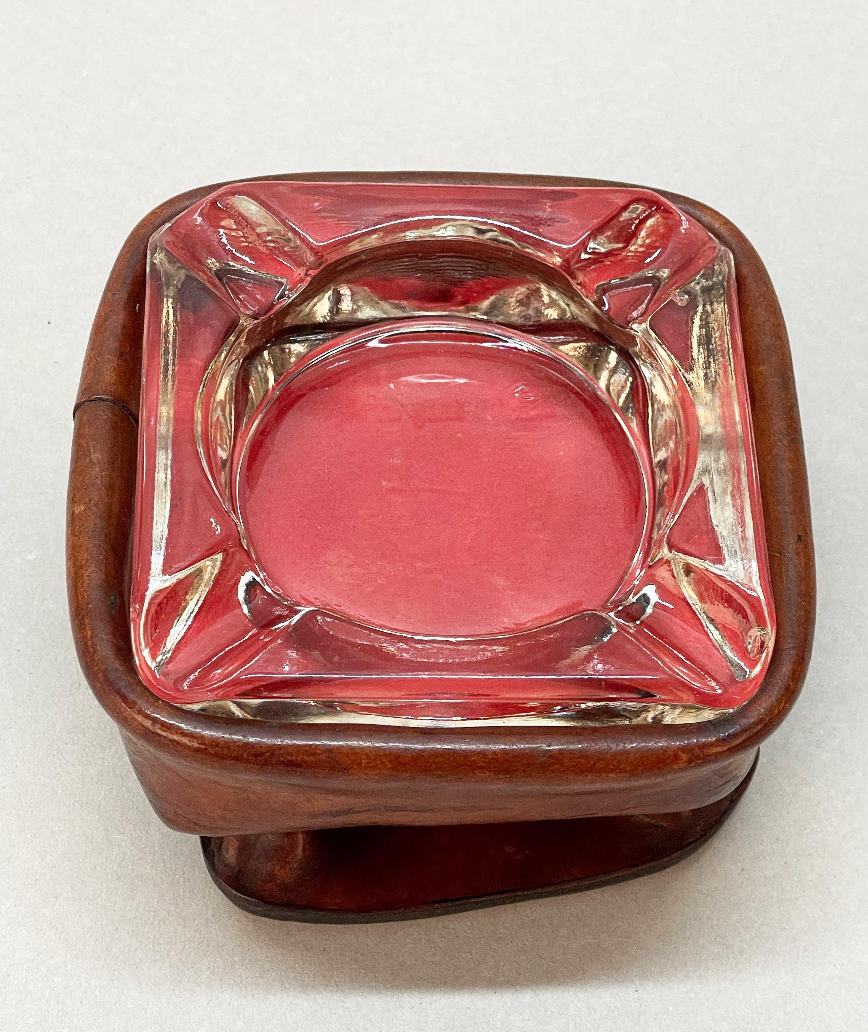 20th Century Jacques Adnet Midcentury Brown Leather and Glass French Ashtray, 1950s For Sale