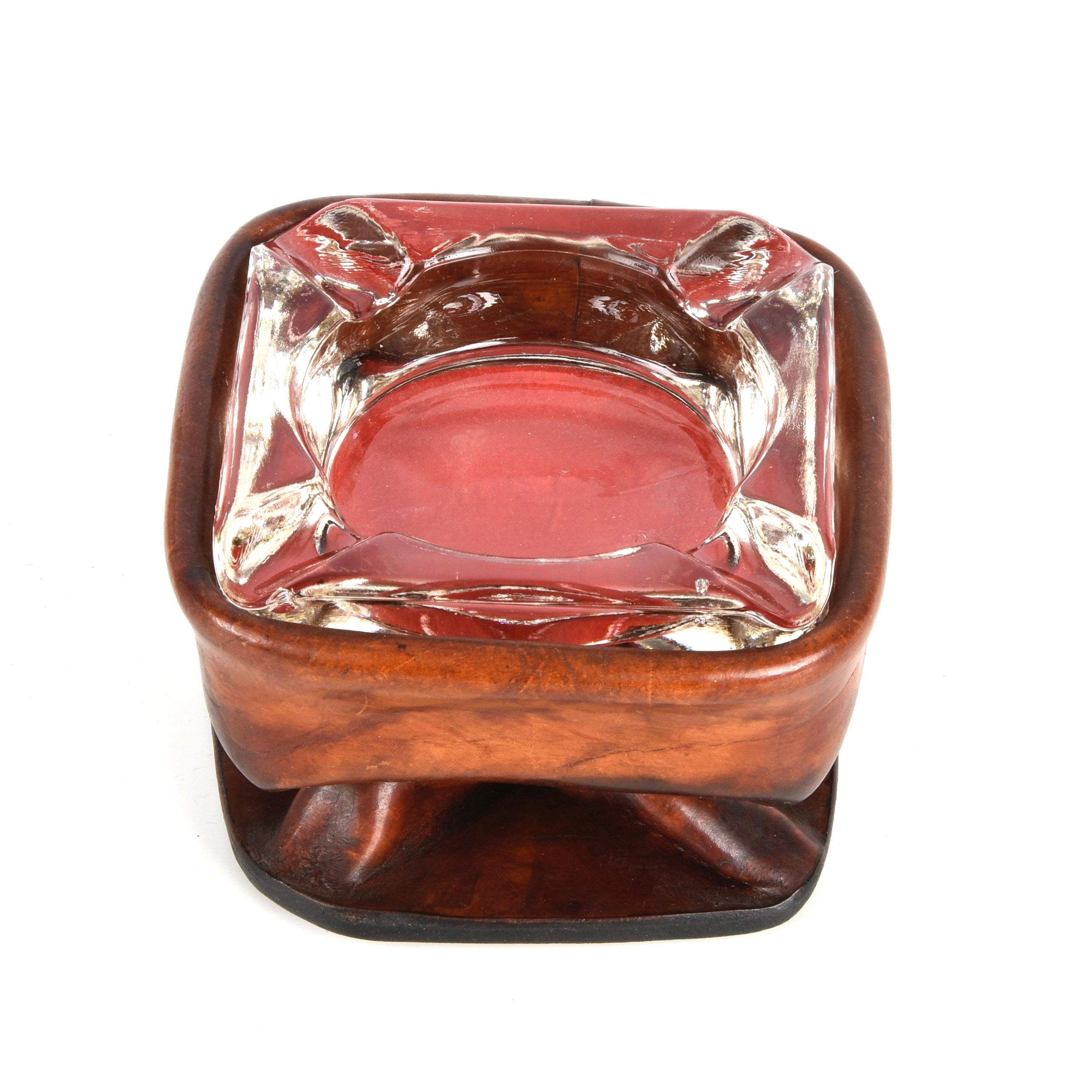 Jacques Adnet Midcentury Brown Leather and Glass French Ashtray, 1950s For Sale 2