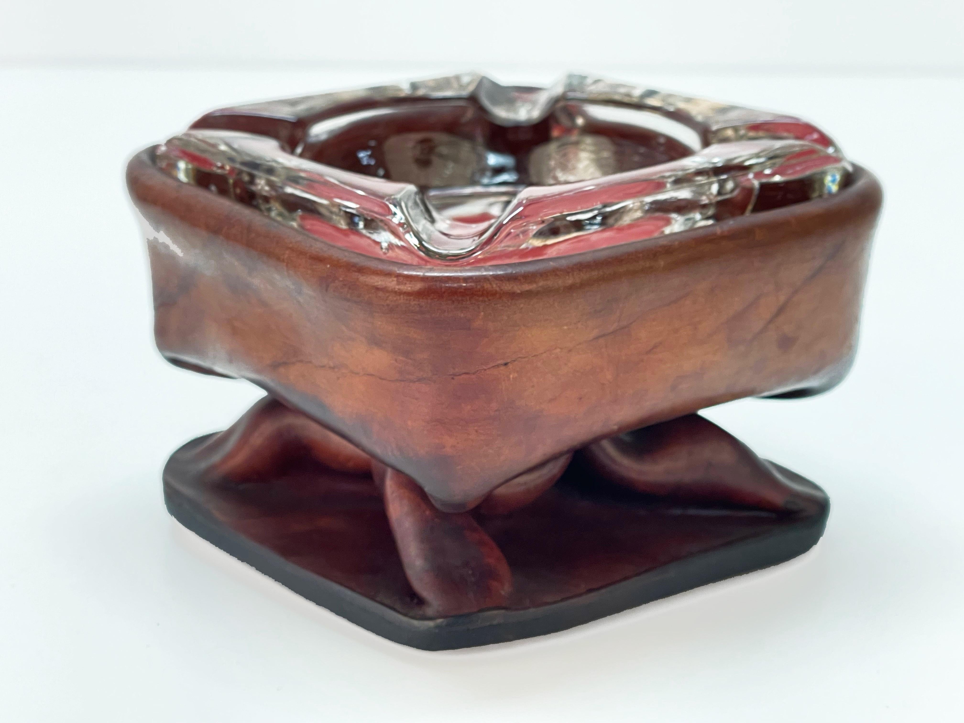 Jacques Adnet Midcentury Brown Leather and Glass French Ashtray, 1950s For Sale 3