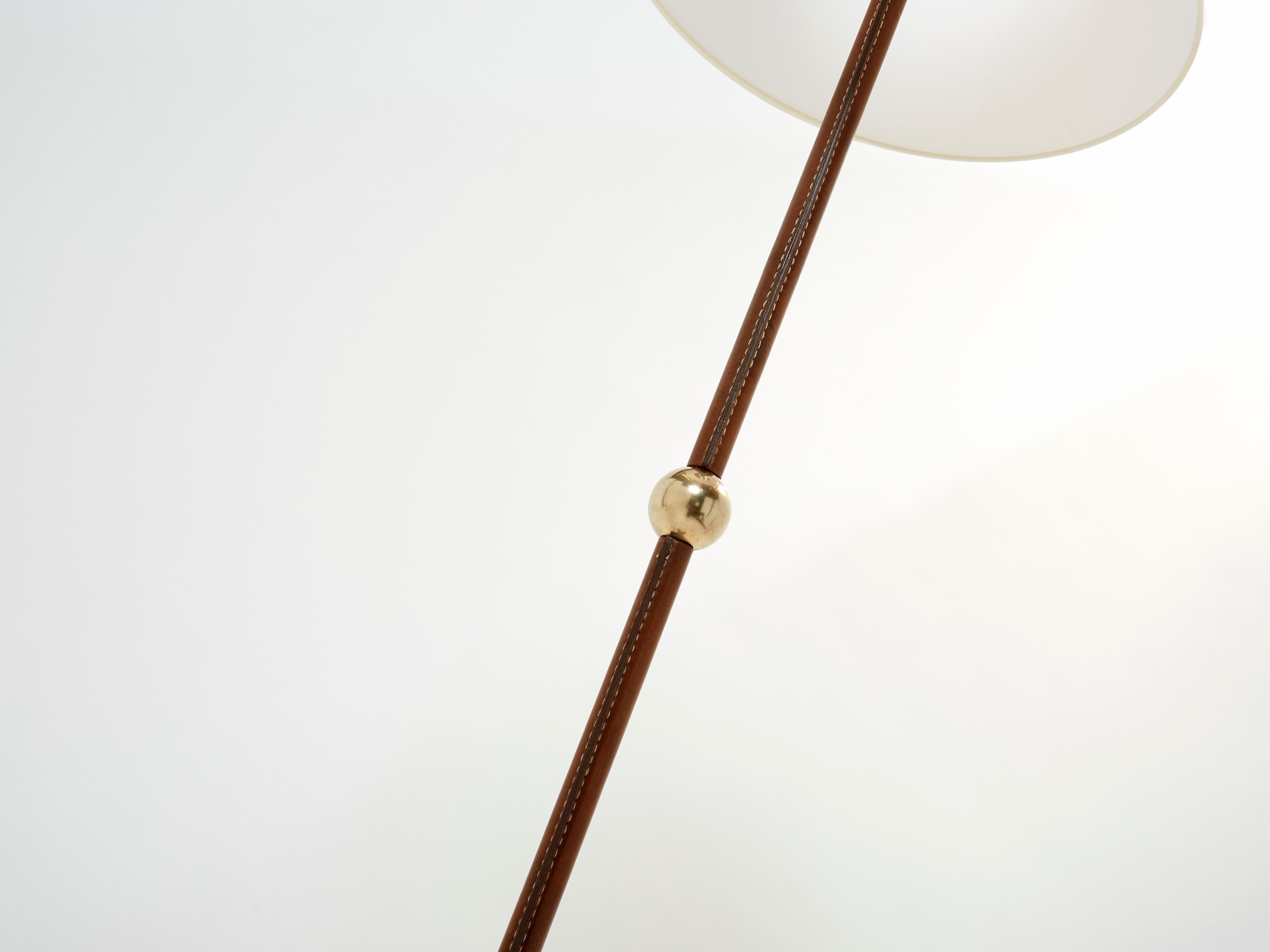 French Jacques Adnet Modernist Stitched Brown Leather Floor Lamp 1950s For Sale